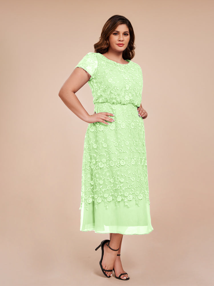 A Line Short Sleeves Tea Length Mother of the  Groom Dress