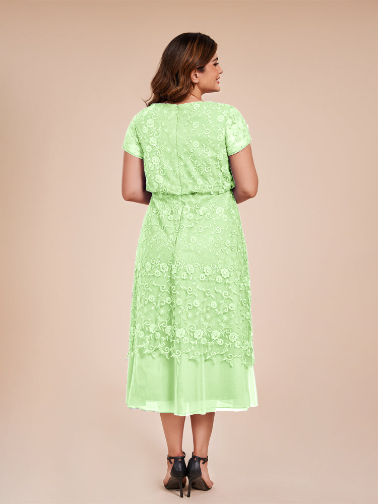 A Line Short Sleeves Tea Length Mother of the  Groom Dress