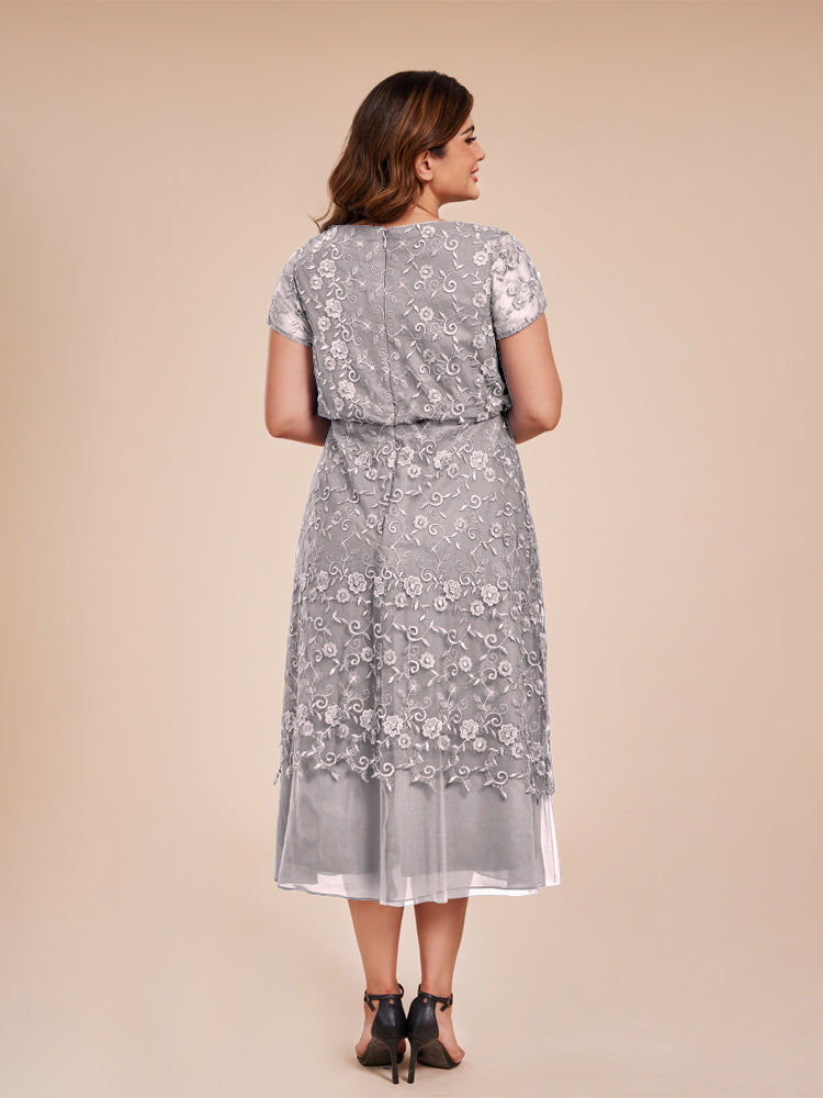 A Line Short Sleeves Tea Length Mother of the  Groom Dress