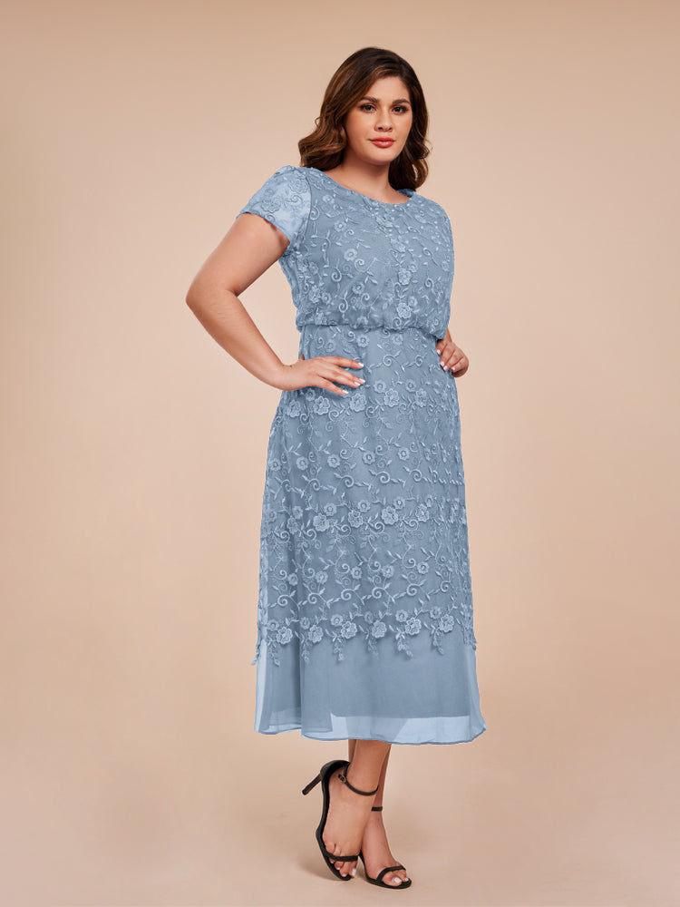 A Line Short Sleeves Tea Length Mother of the  Groom Dress