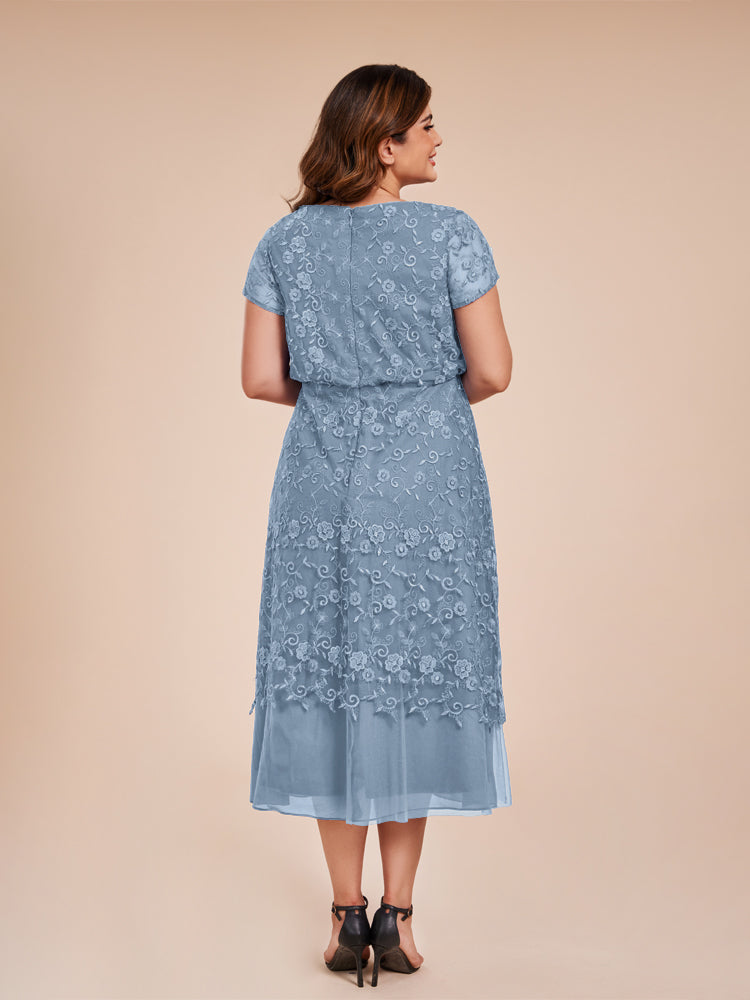 A Line Short Sleeves Tea Length Mother of the  Groom Dress