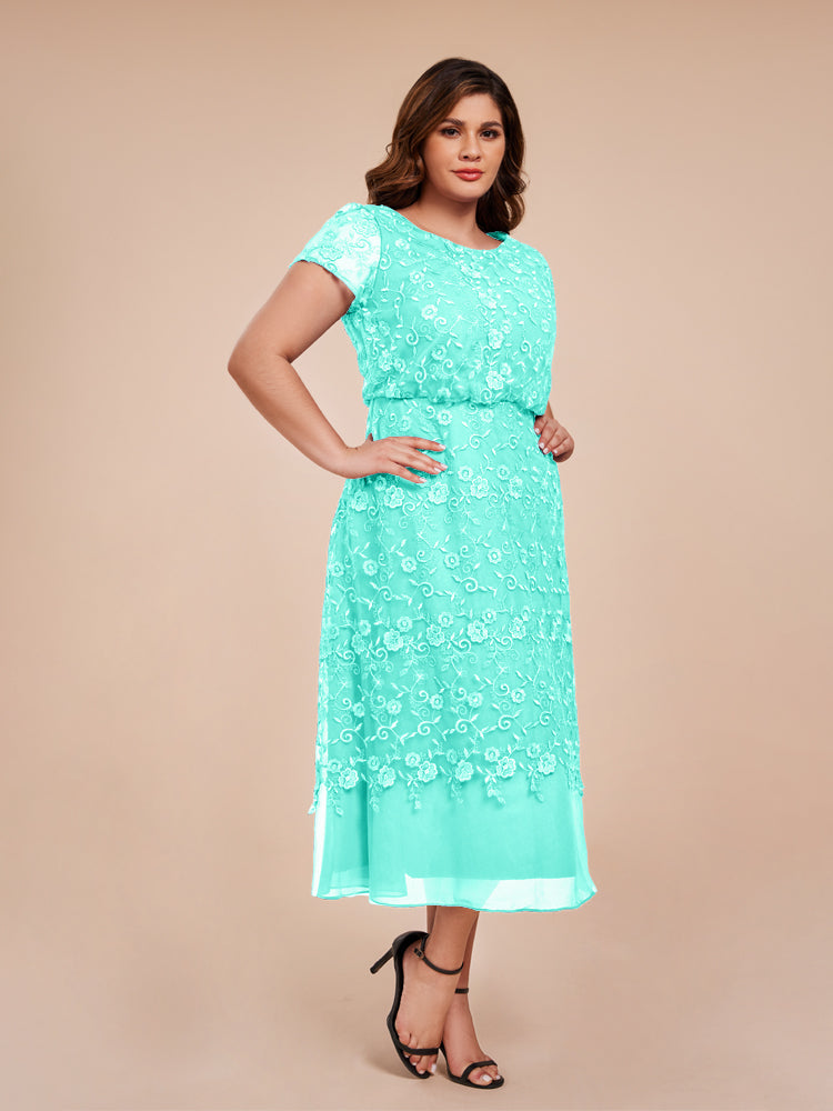 A Line Short Sleeves Tea Length Mother of the  Groom Dress