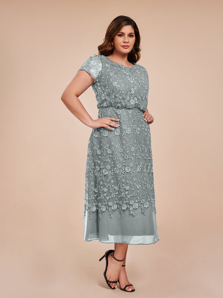 A Line Short Sleeves Tea Length Mother of the  Groom Dress