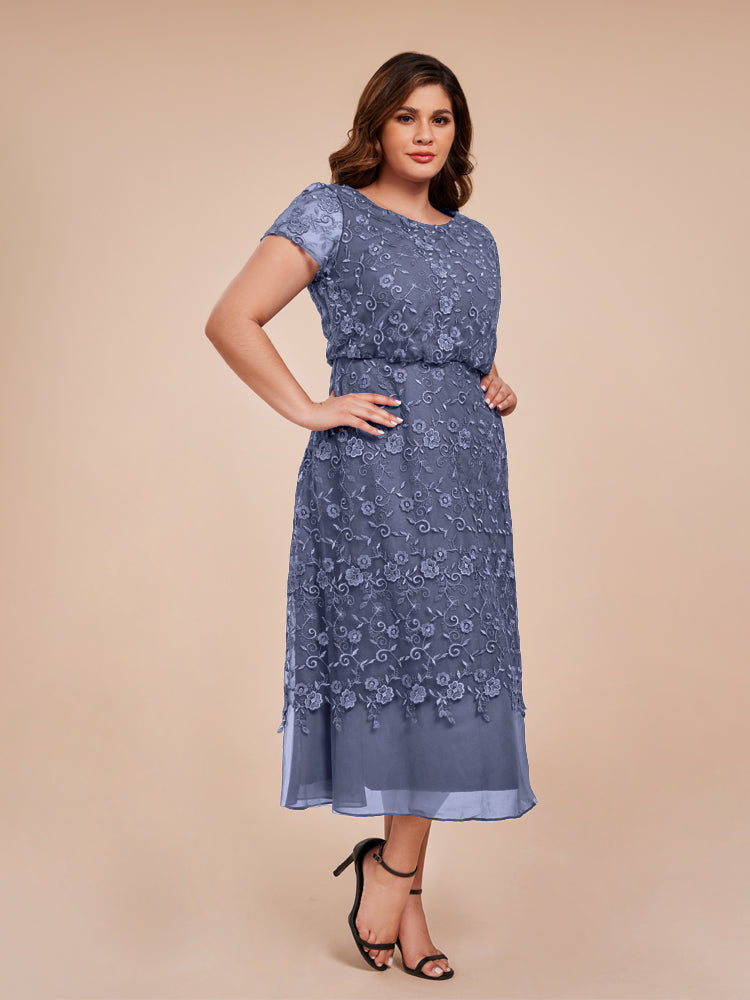 A Line Short Sleeves Tea Length Mother of the  Groom Dress