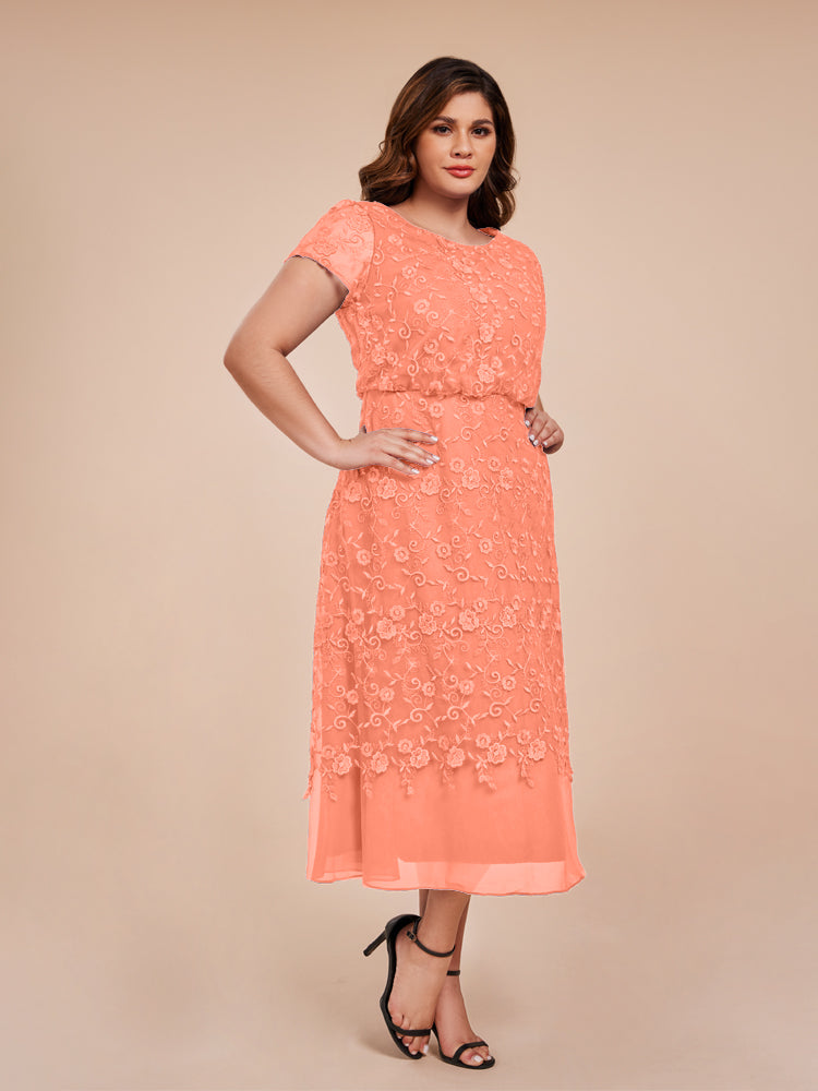 A Line Short Sleeves Tea Length Mother of the  Groom Dress