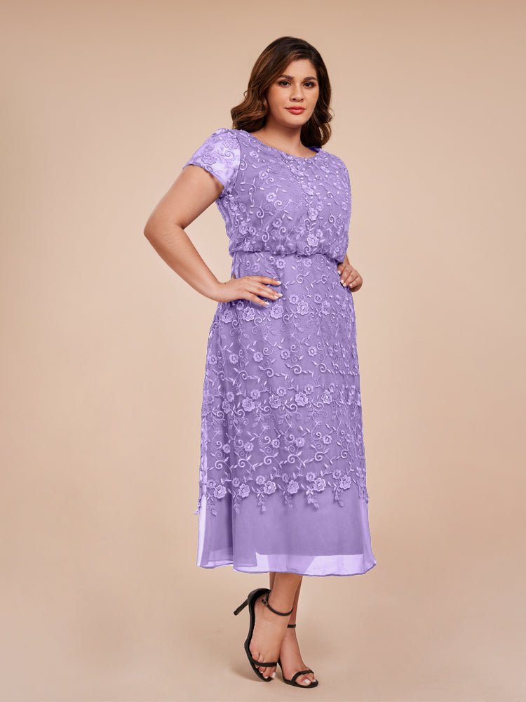 A Line Short Sleeves Tea Length Mother of the  Groom Dress