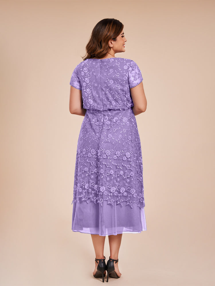 A Line Short Sleeves Tea Length Mother of the  Groom Dress