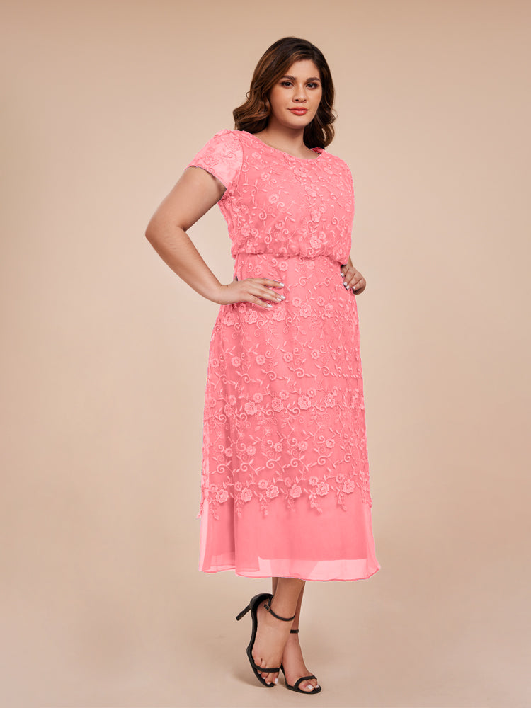 A Line Short Sleeves Tea Length Mother of the  Groom Dress