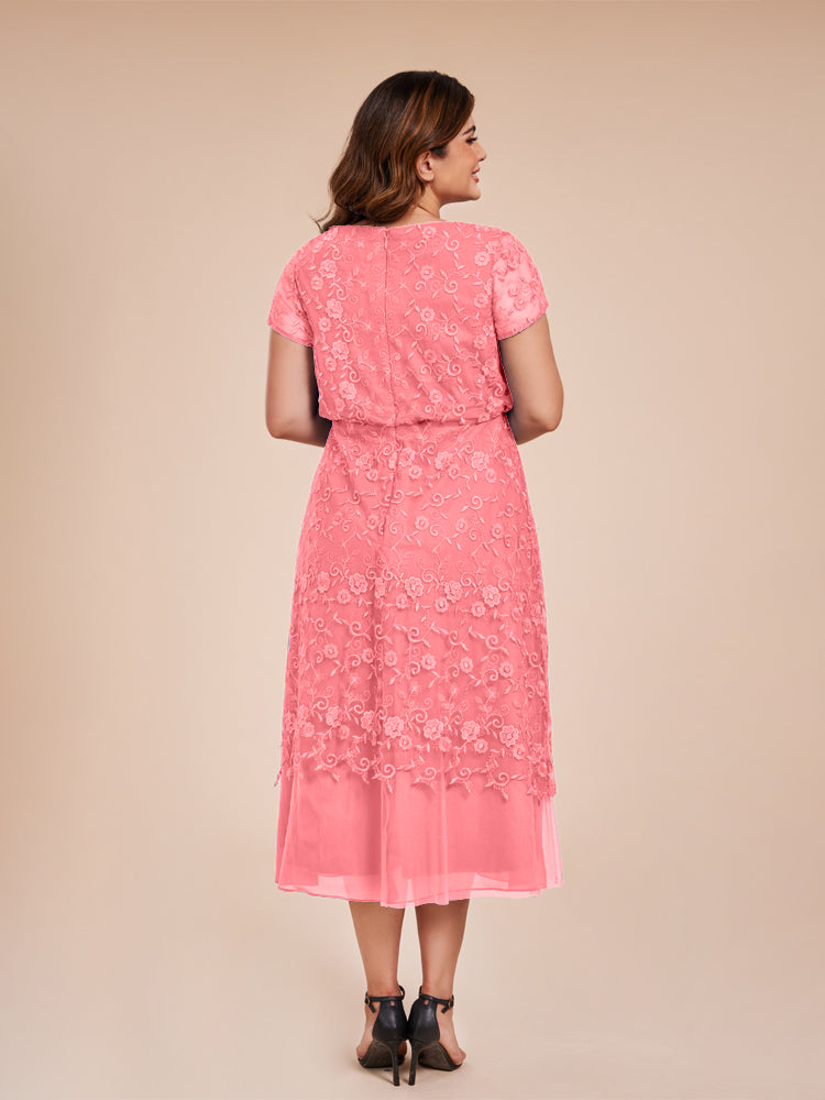 A Line Short Sleeves Tea Length Mother of the  Groom Dress