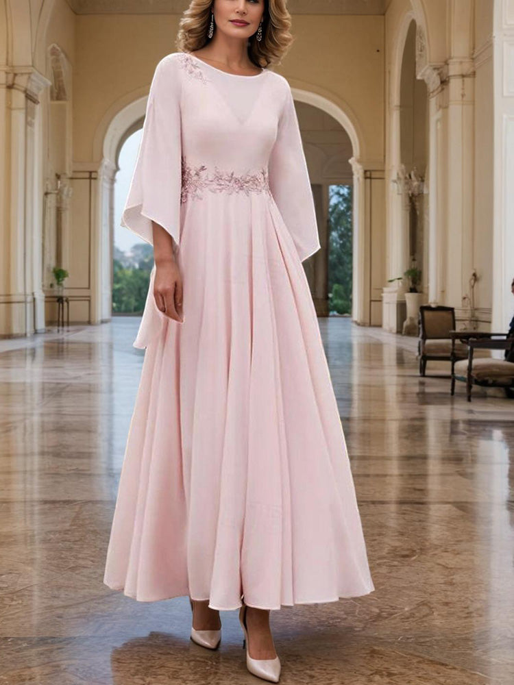 A-Line Jewel Neck 3/4 Length Sleeve with Lace Appliqued Chiffon Mother of the Bride Dress