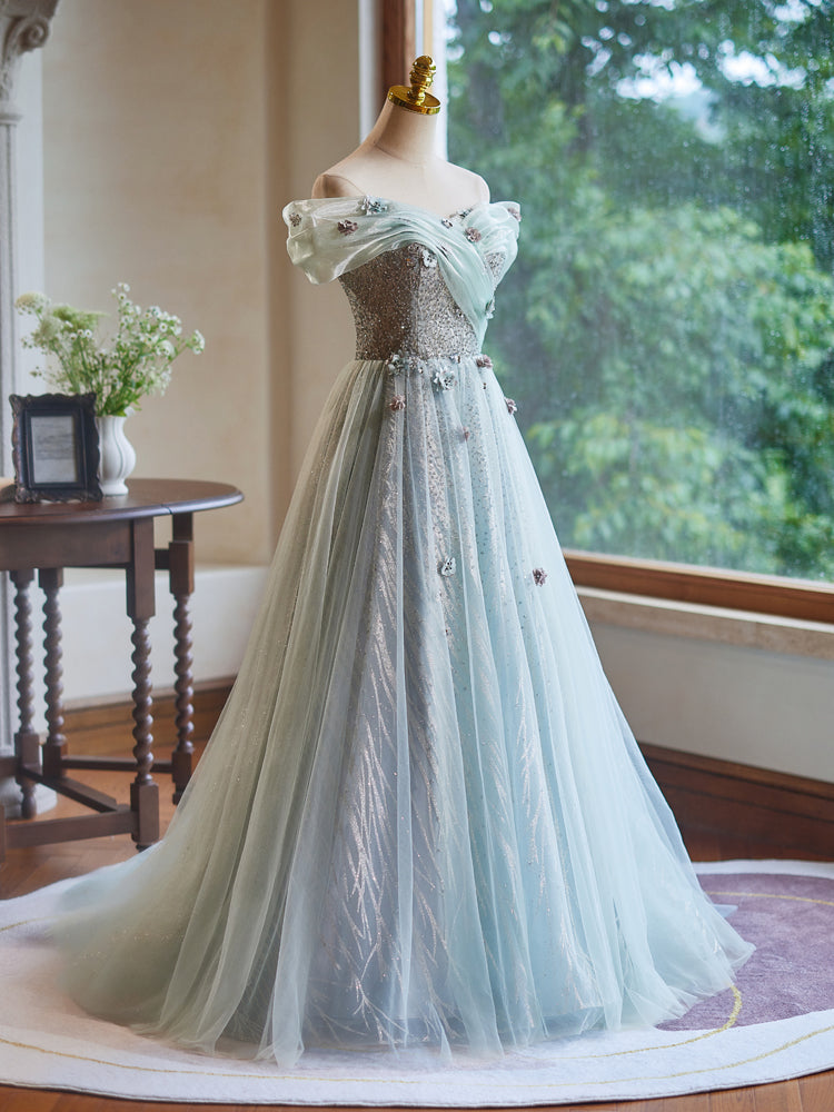 A-Line Off the Shoulder Tulle with Hand Made Flower Long Prom Dress