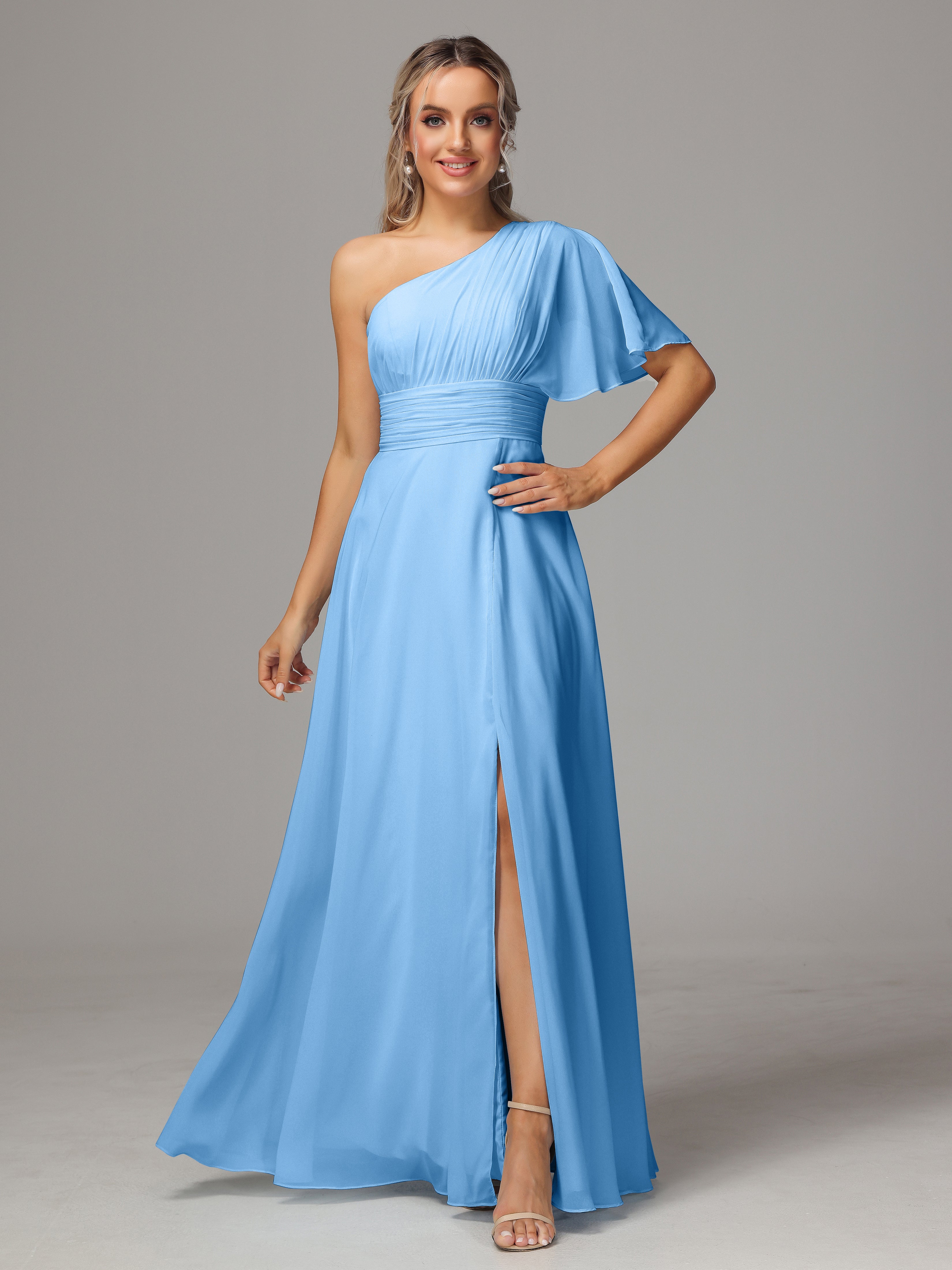 One Shoulder Chiffon Bridesmaid Dresses With Slit