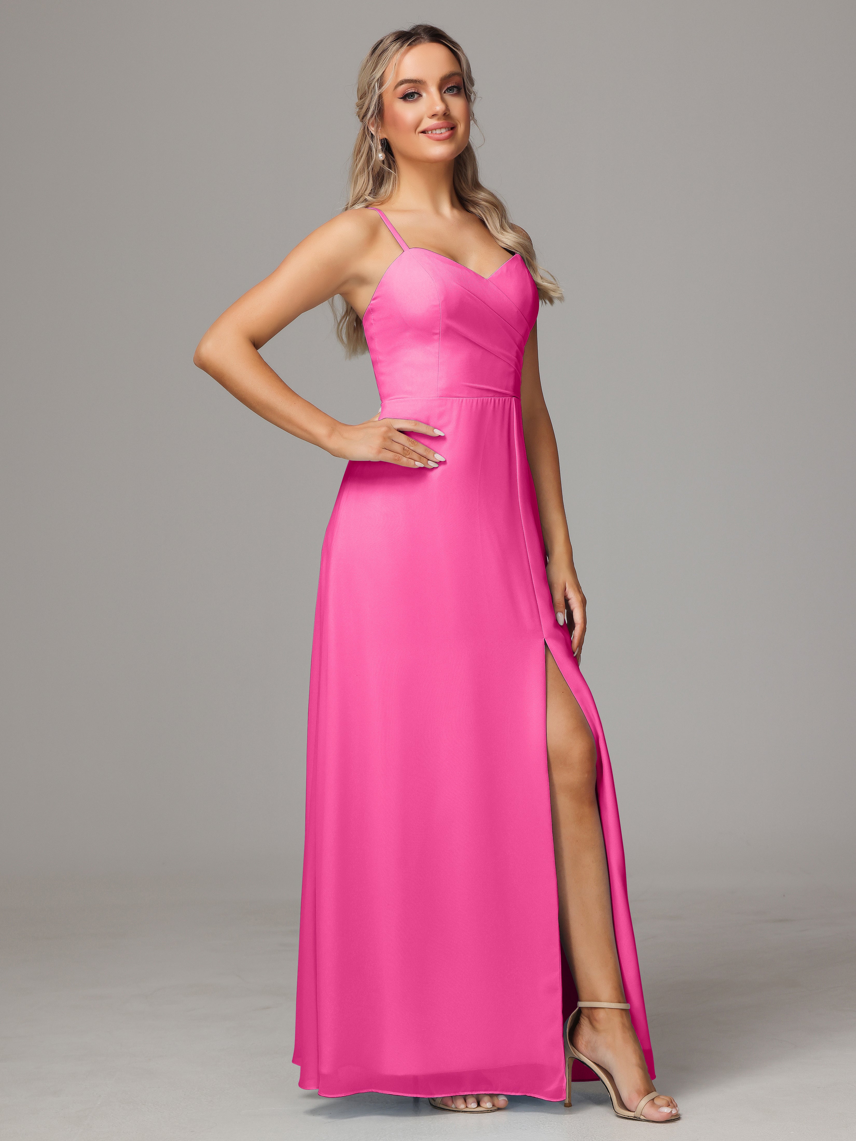 V Neck Spaghetti Straps Chiffon Wedding Guest Dress With Slit