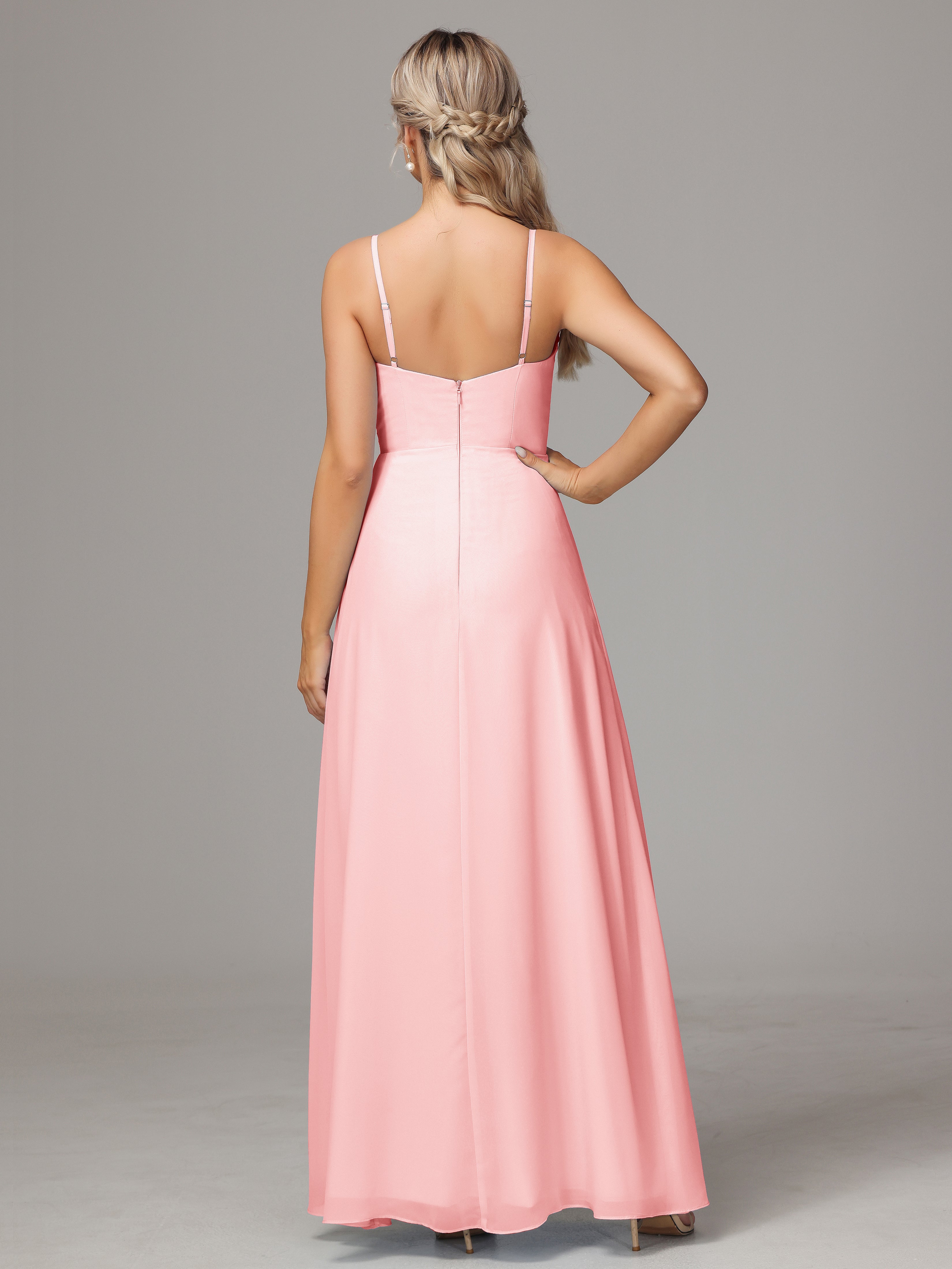 V Neck Spaghetti Straps Chiffon Wedding Guest Dress With Slit