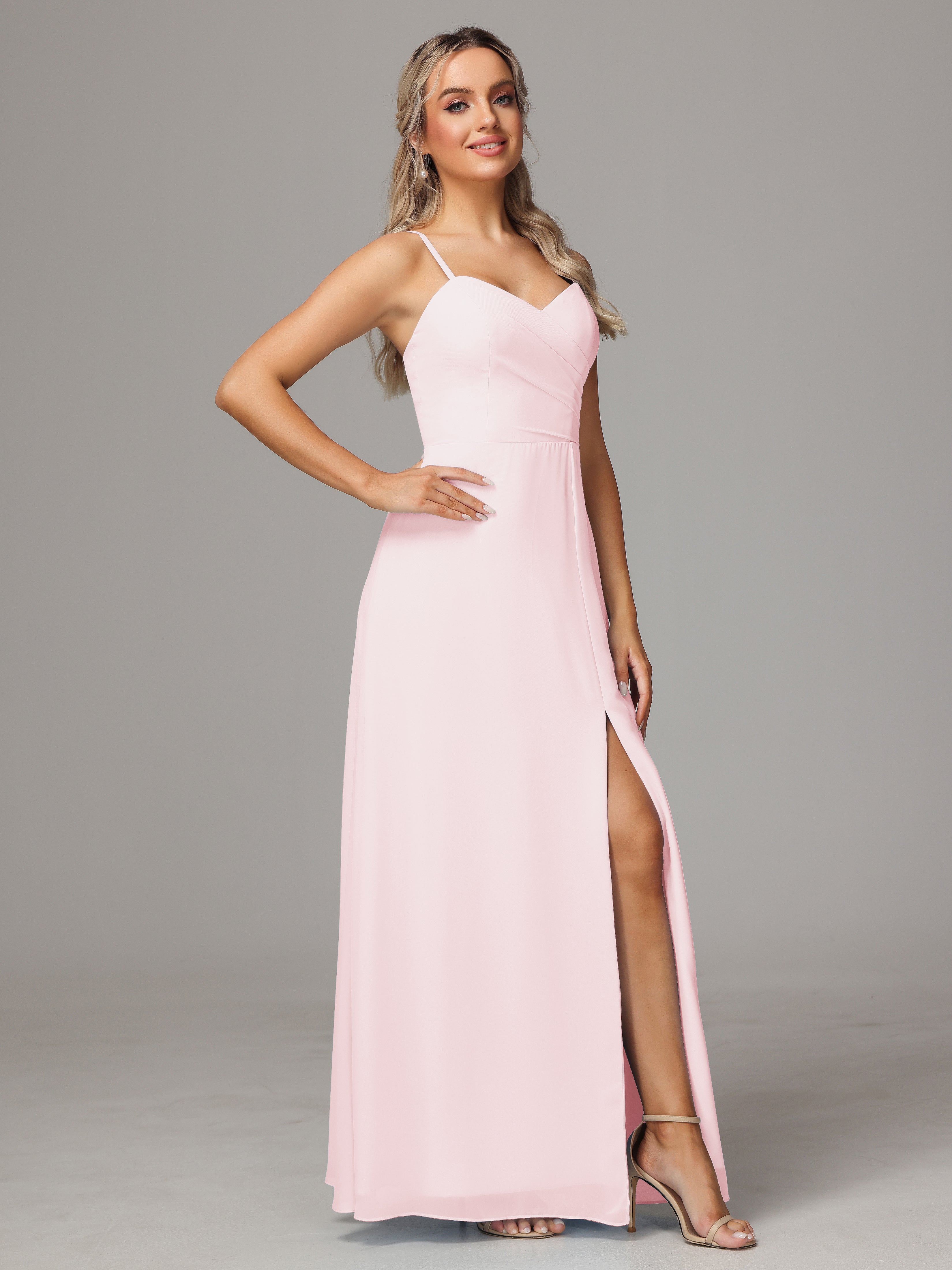 V Neck Spaghetti Straps Chiffon Wedding Guest Dress With Slit