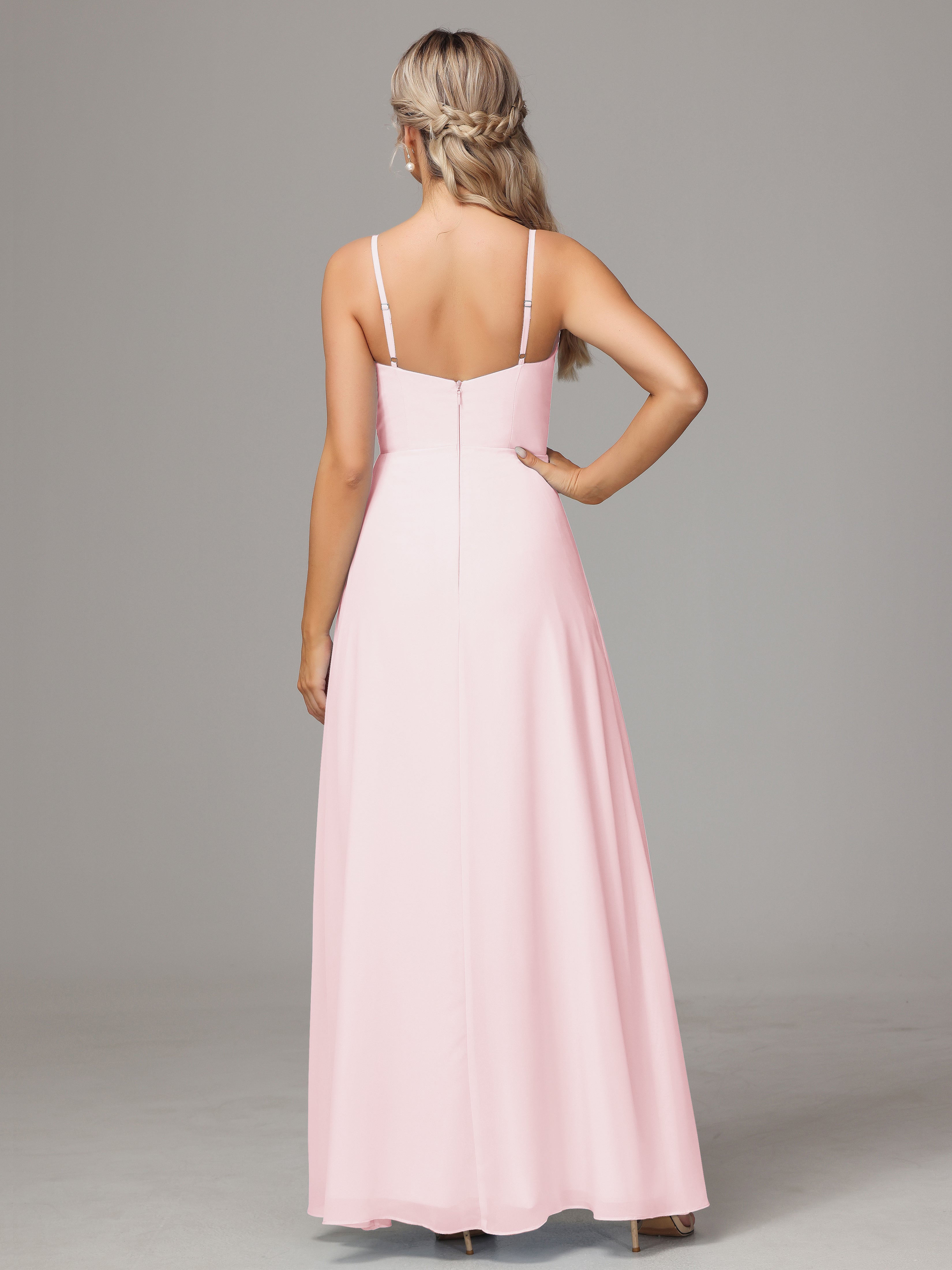 V Neck Spaghetti Straps Chiffon Wedding Guest Dress With Slit