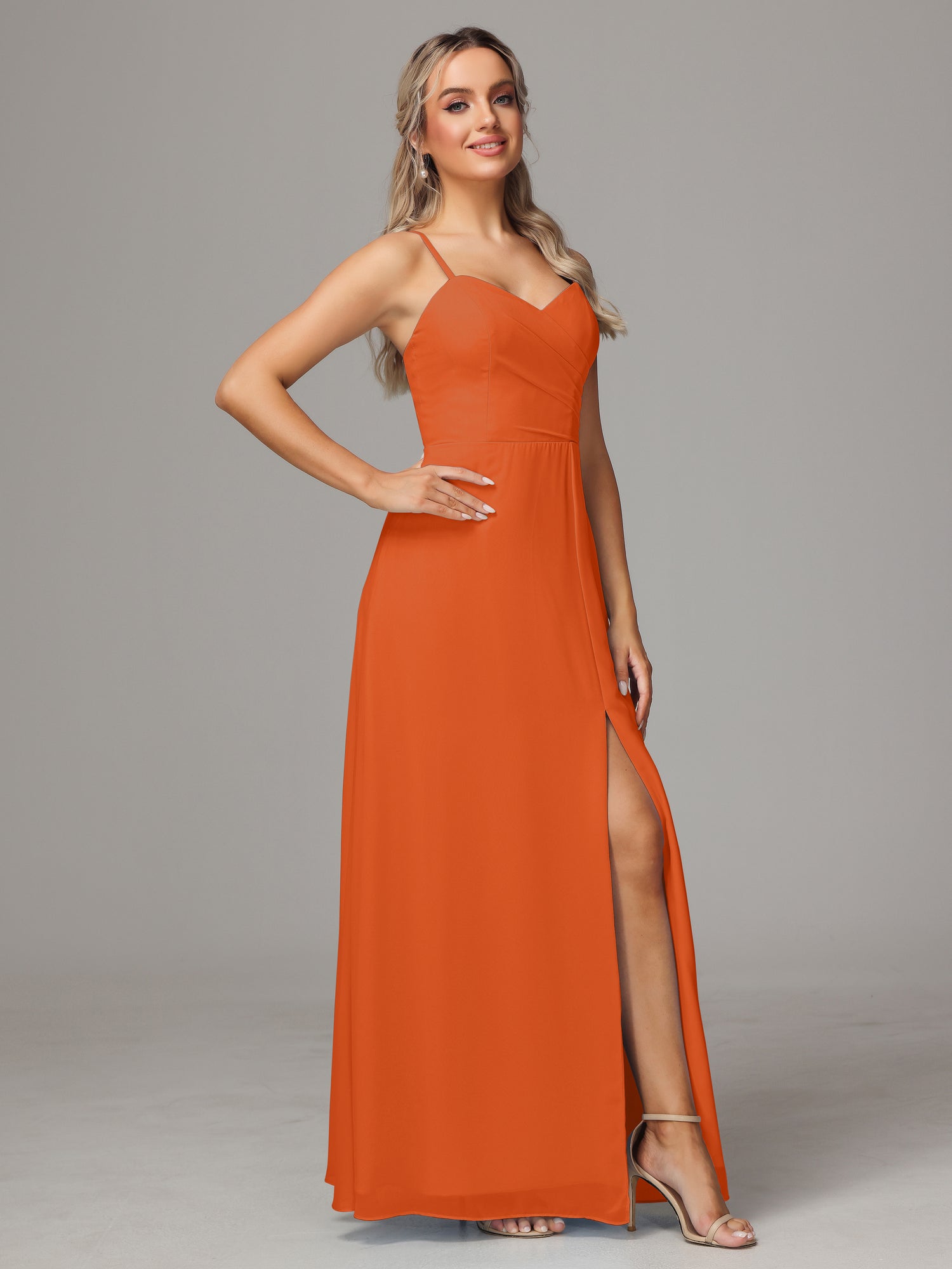 Burnt Orange Chiffon Bridesmaid Dresses Corset Back Adjustable Spaghetti  Straps Maxi Dress with Slit
