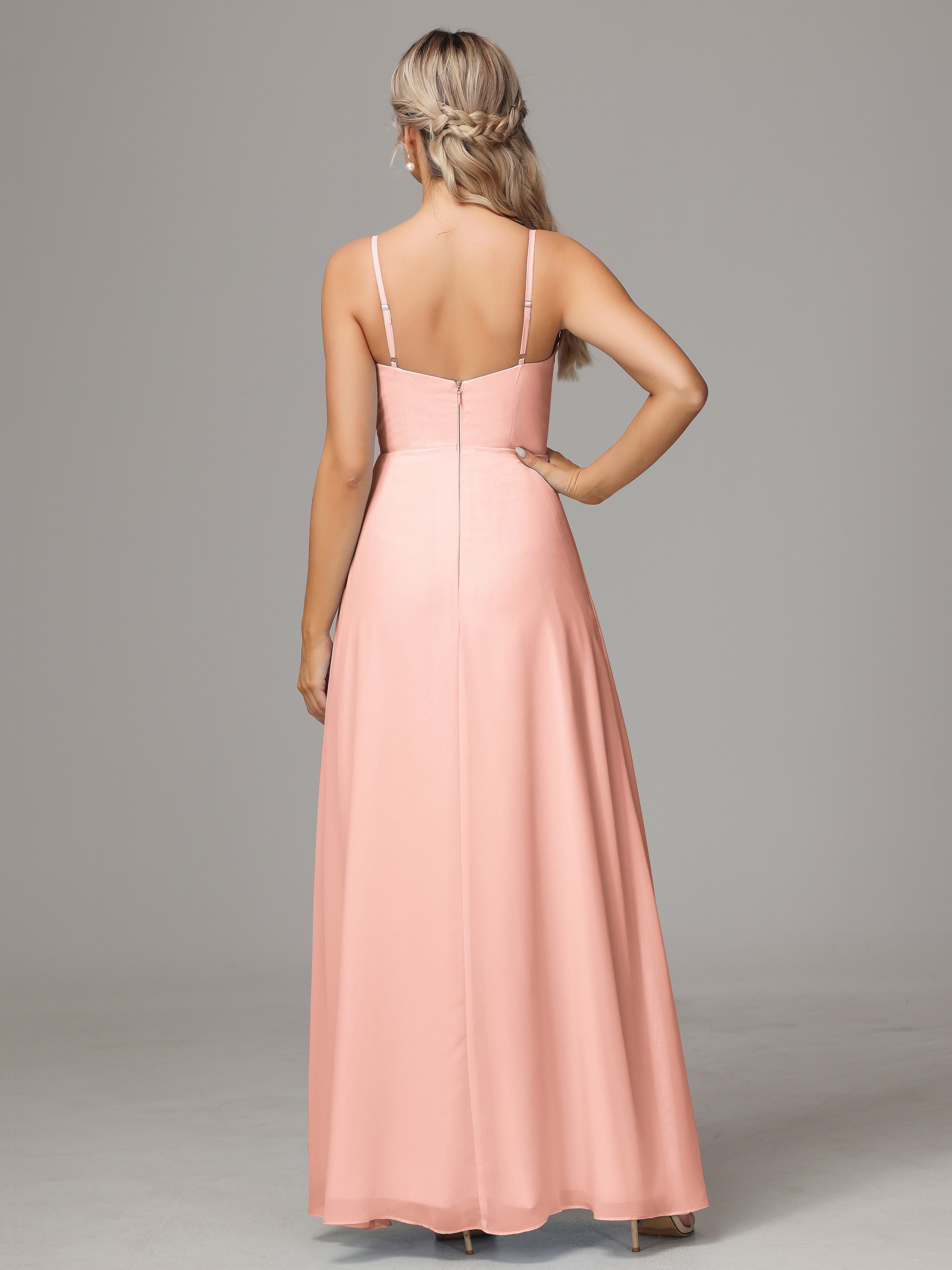 V Neck Spaghetti Straps Chiffon Wedding Guest Dress With Slit