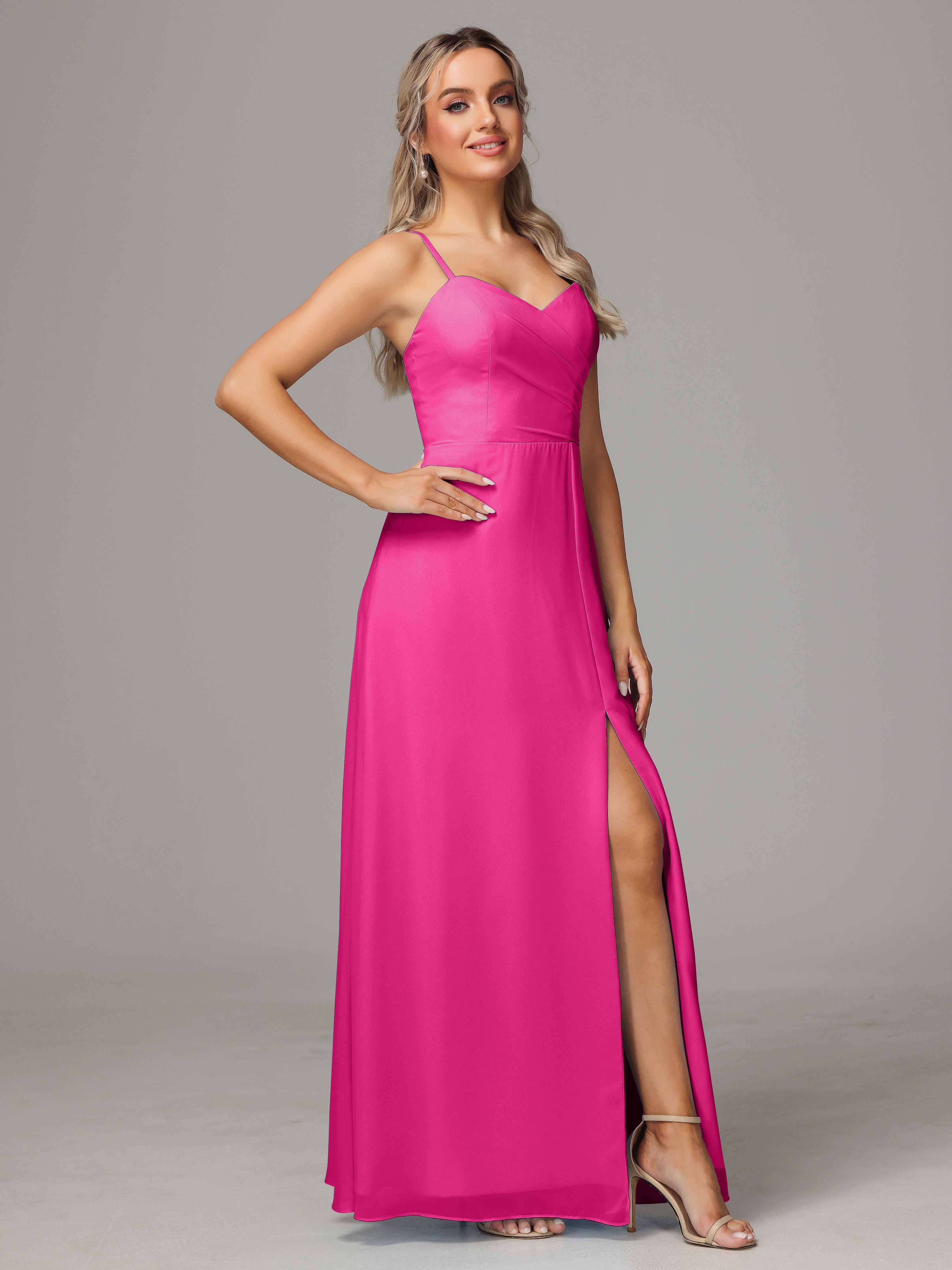 V Neck Spaghetti Straps Chiffon Wedding Guest Dress With Slit