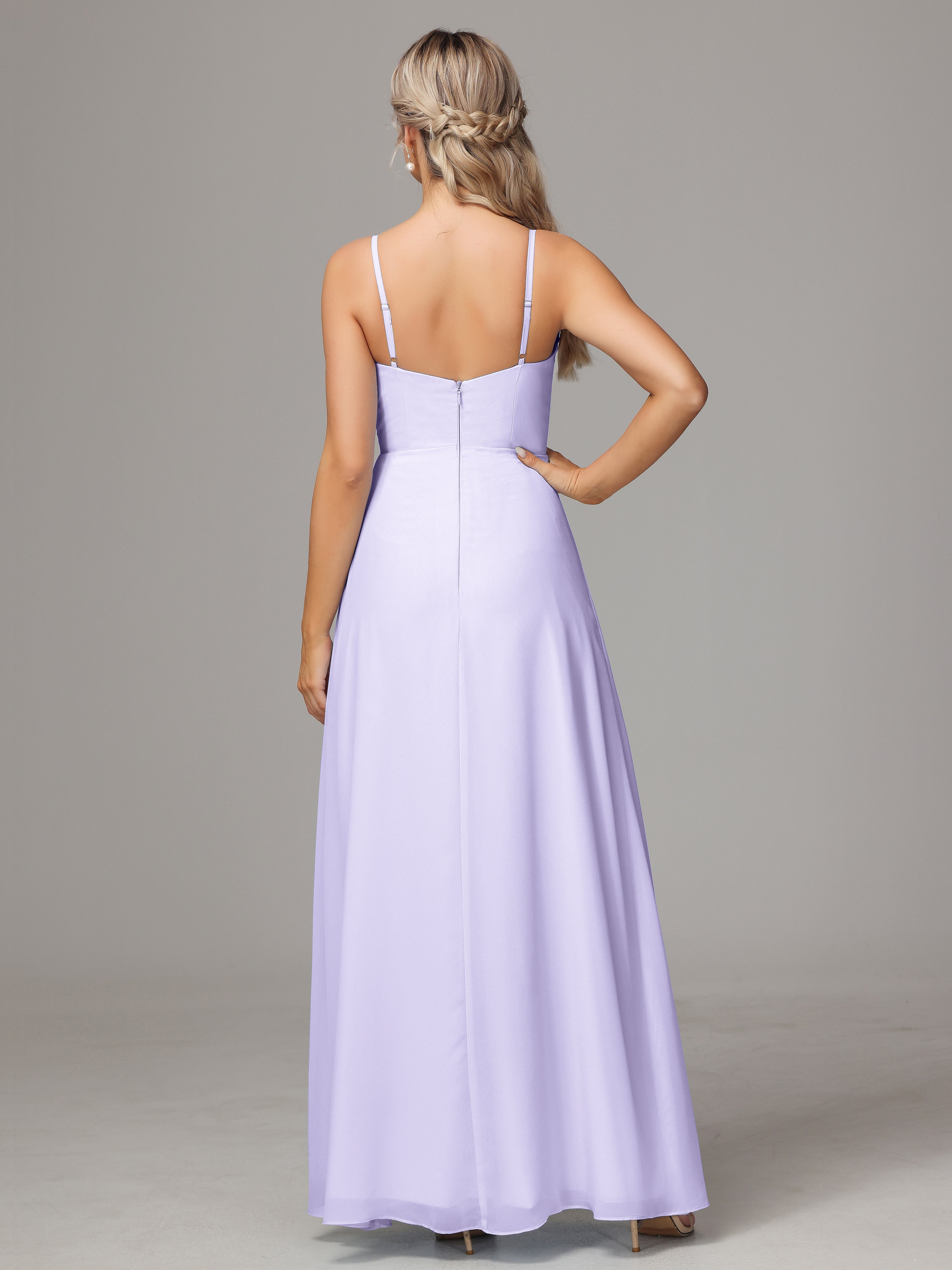 V Neck Spaghetti Straps Chiffon Wedding Guest Dress With Slit