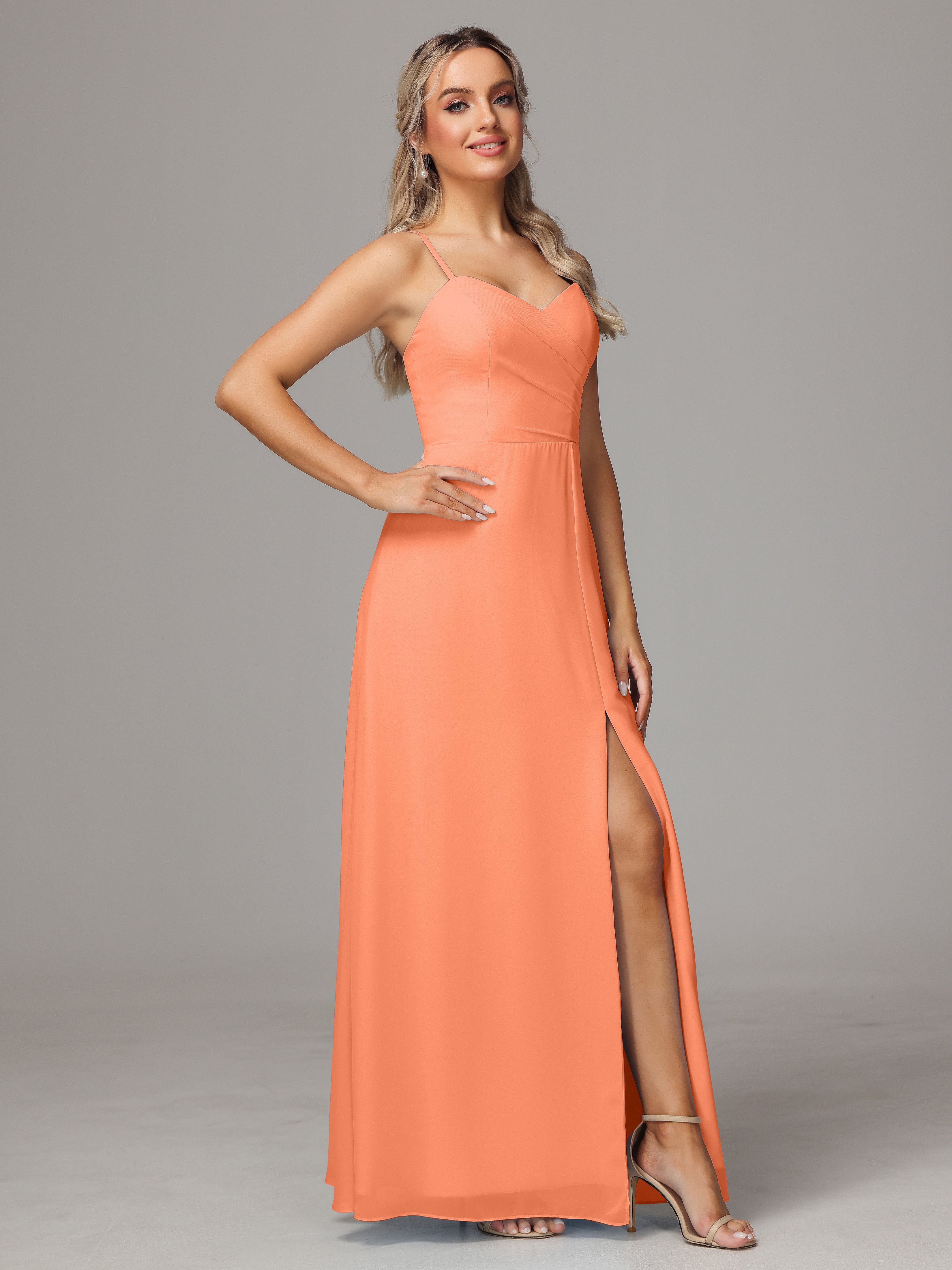 V Neck Spaghetti Straps Chiffon Wedding Guest Dress With Slit