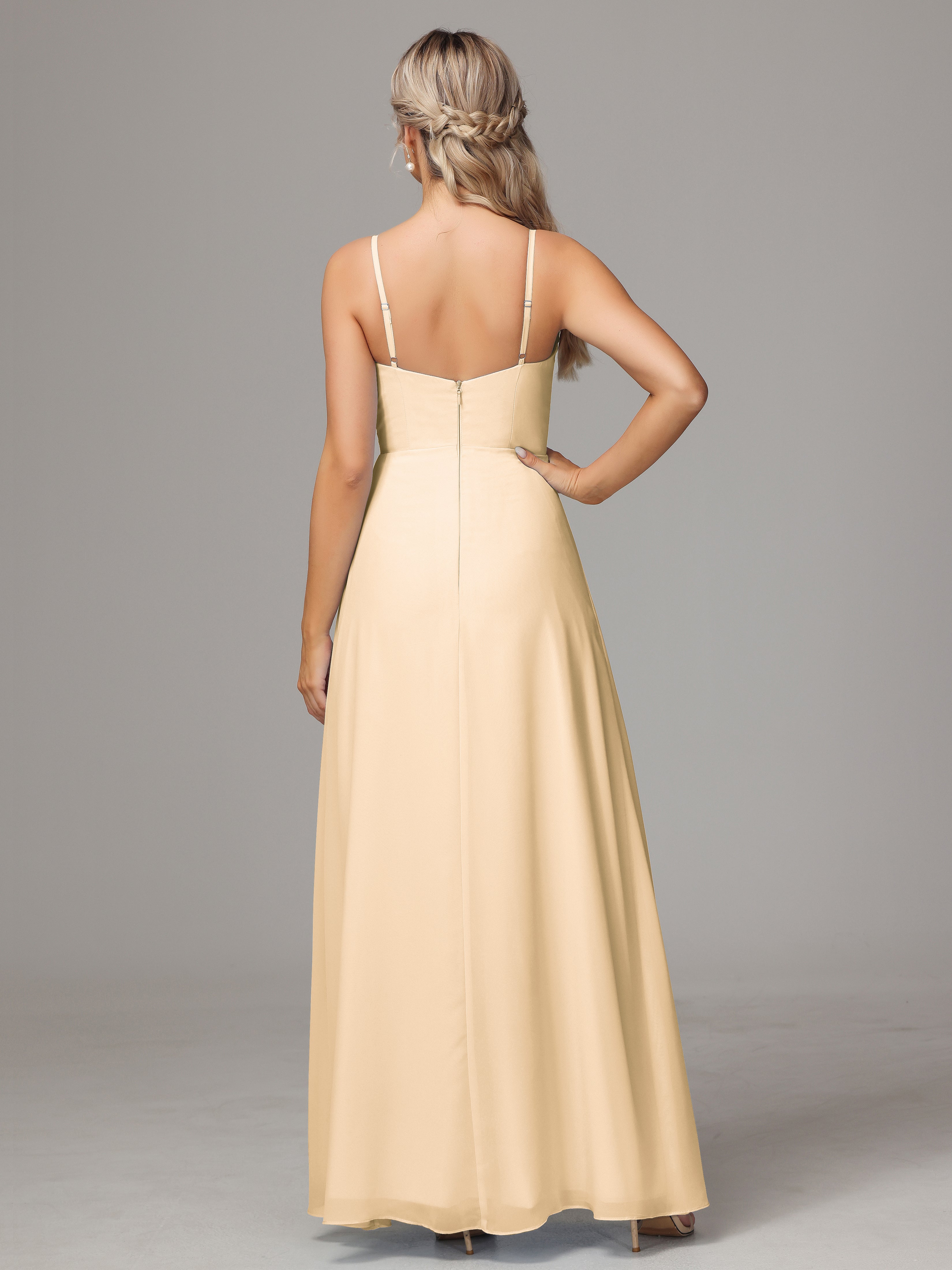 V Neck Spaghetti Straps Chiffon Wedding Guest Dress With Slit