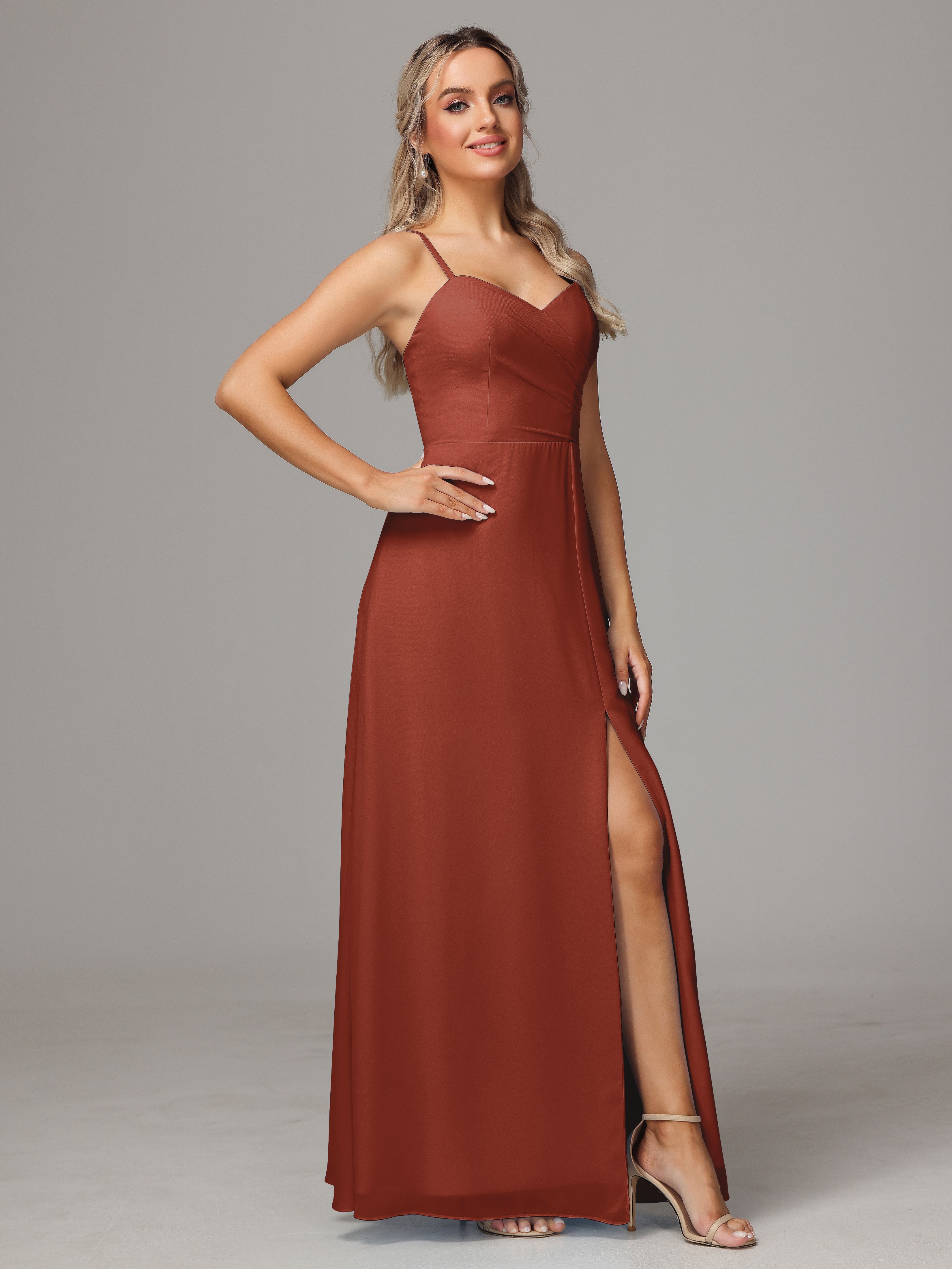 V Neck Spaghetti Straps Chiffon Wedding Guest Dress With Slit