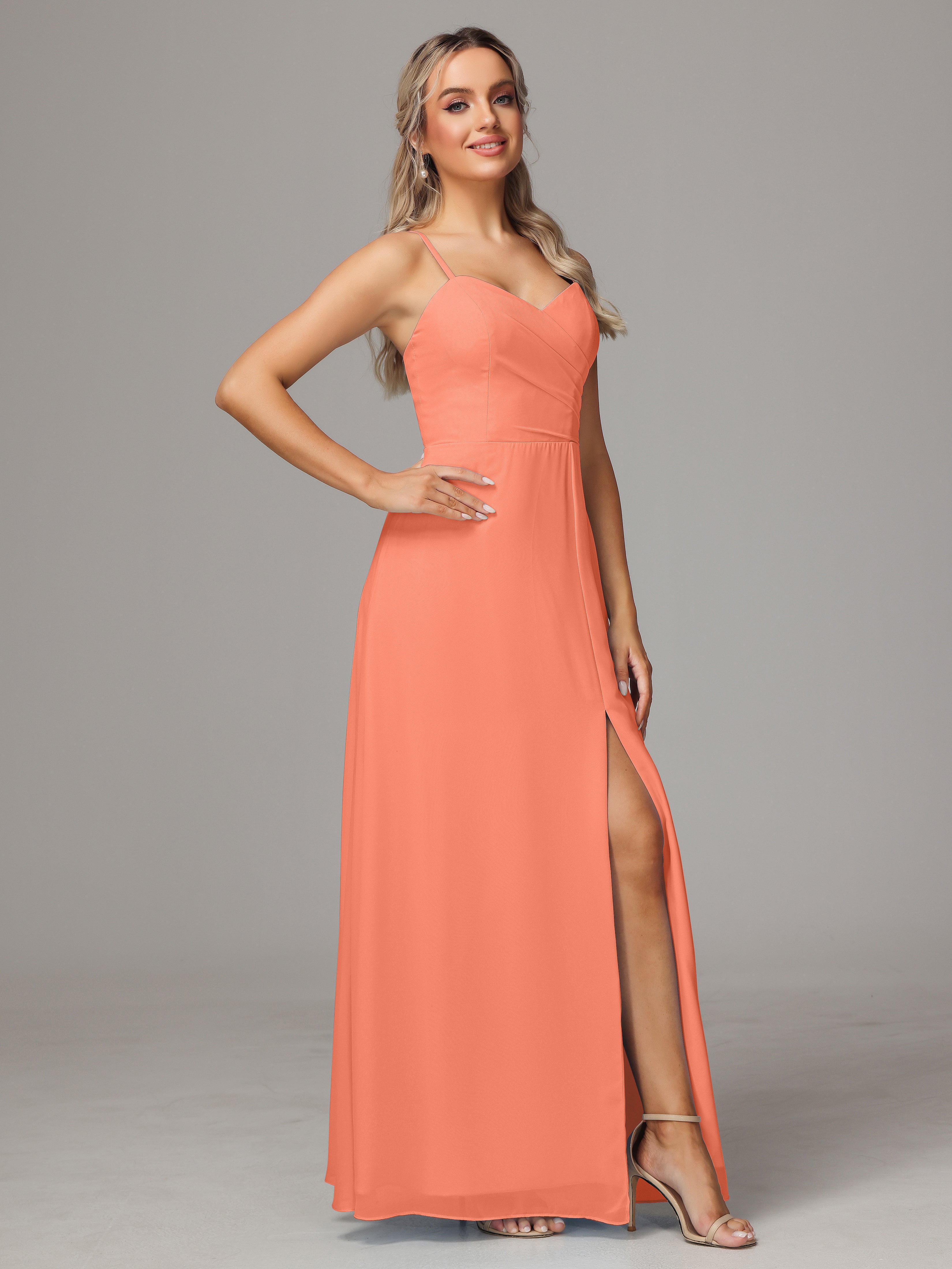 V Neck Spaghetti Straps Chiffon Wedding Guest Dress With Slit