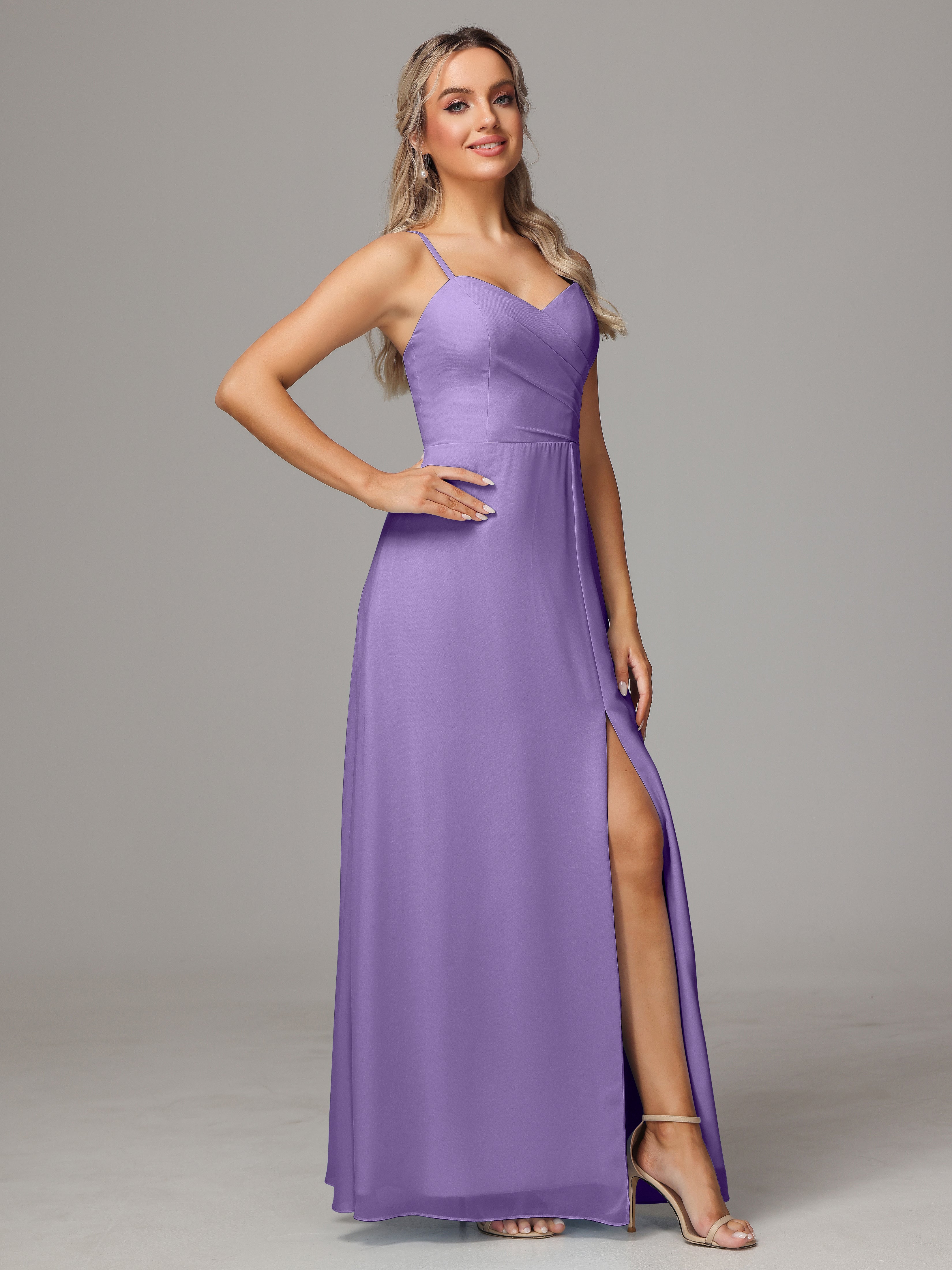 V Neck Spaghetti Straps Chiffon Wedding Guest Dress With Slit