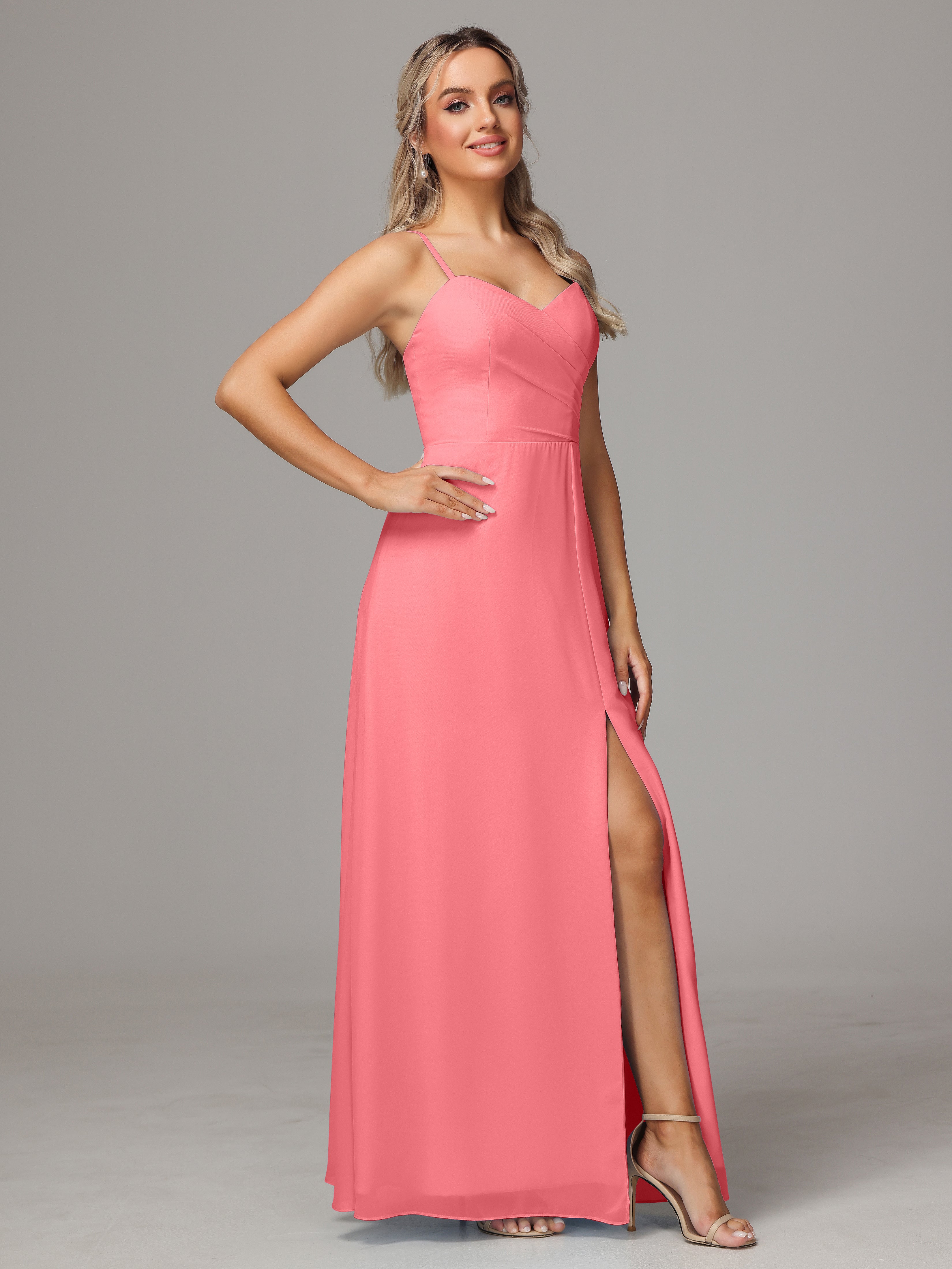 V Neck Spaghetti Straps Chiffon Wedding Guest Dress With Slit