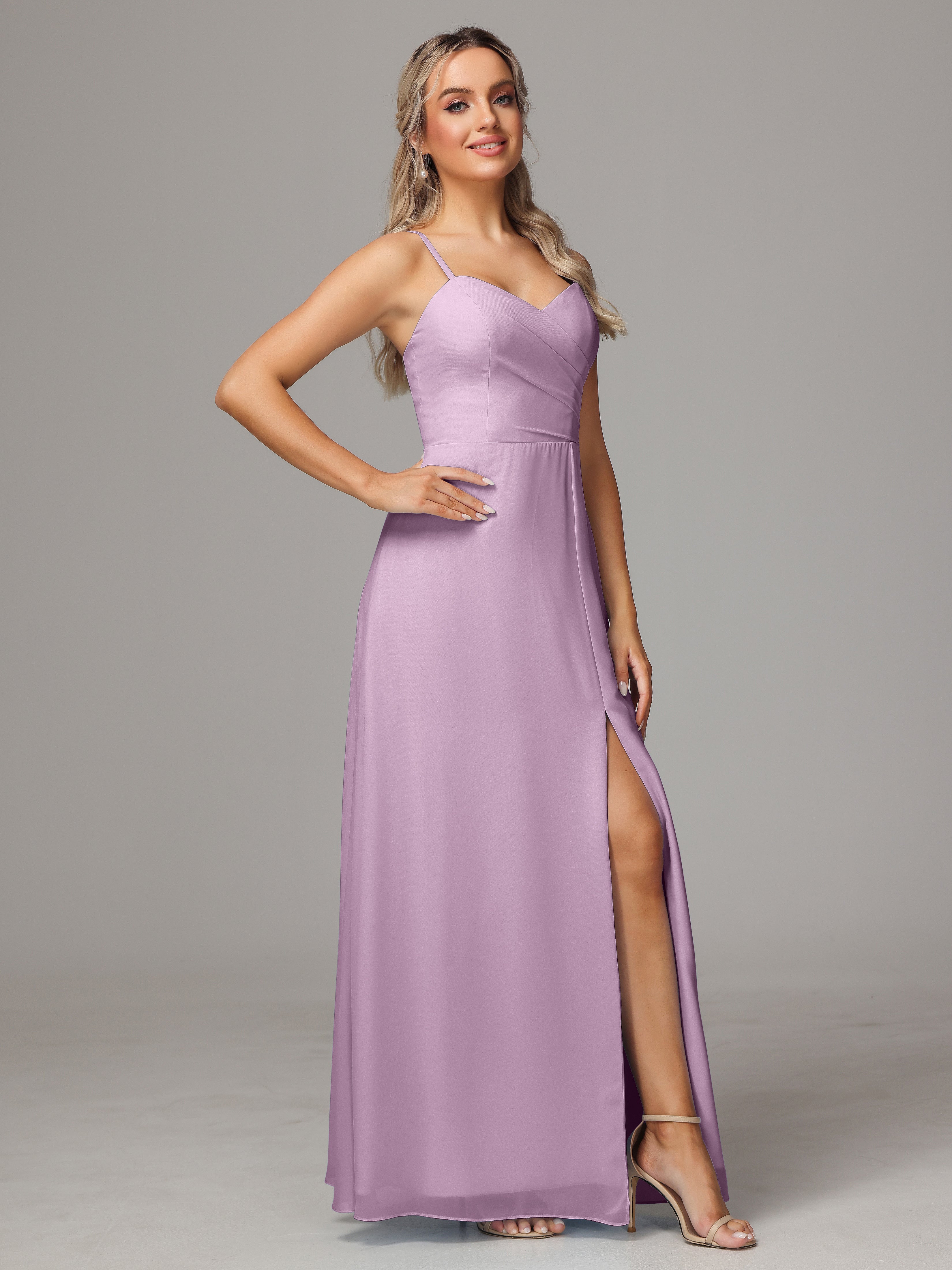 V Neck Spaghetti Straps Chiffon Wedding Guest Dress With Slit