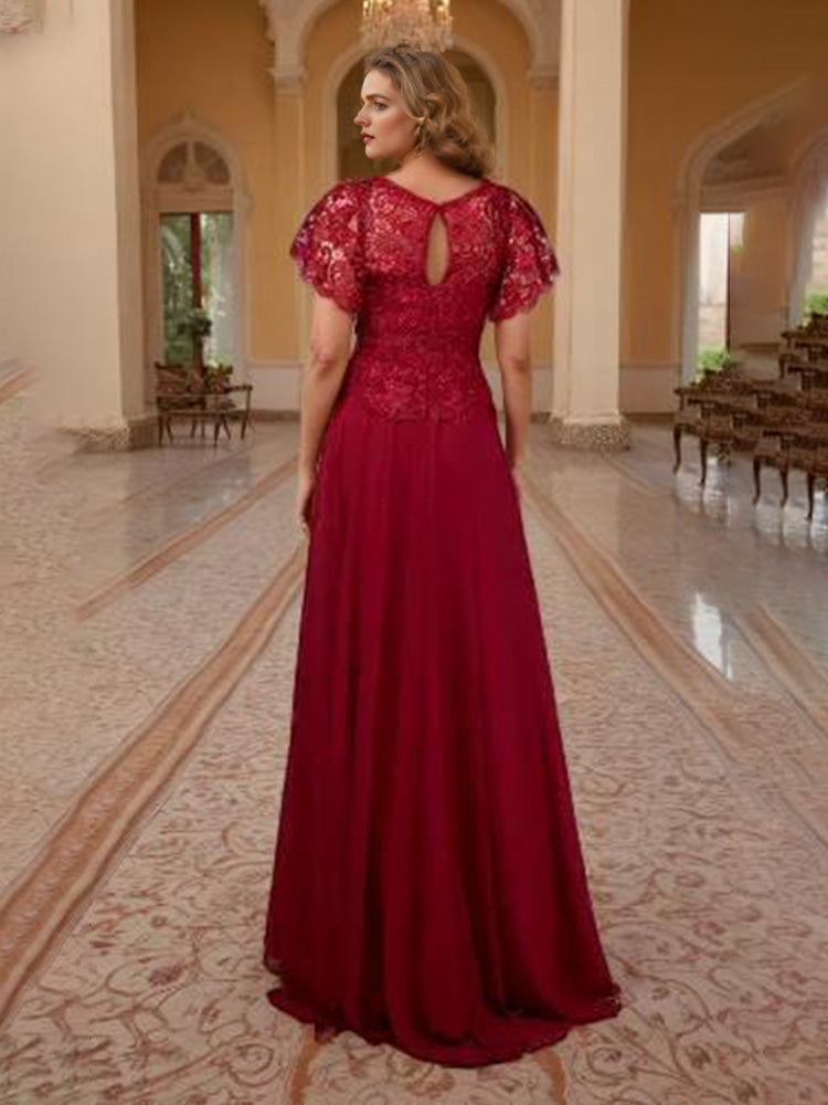 Burgundy Lace Bodice Flare Sleeves Chiffon Mother of the Bride Dress