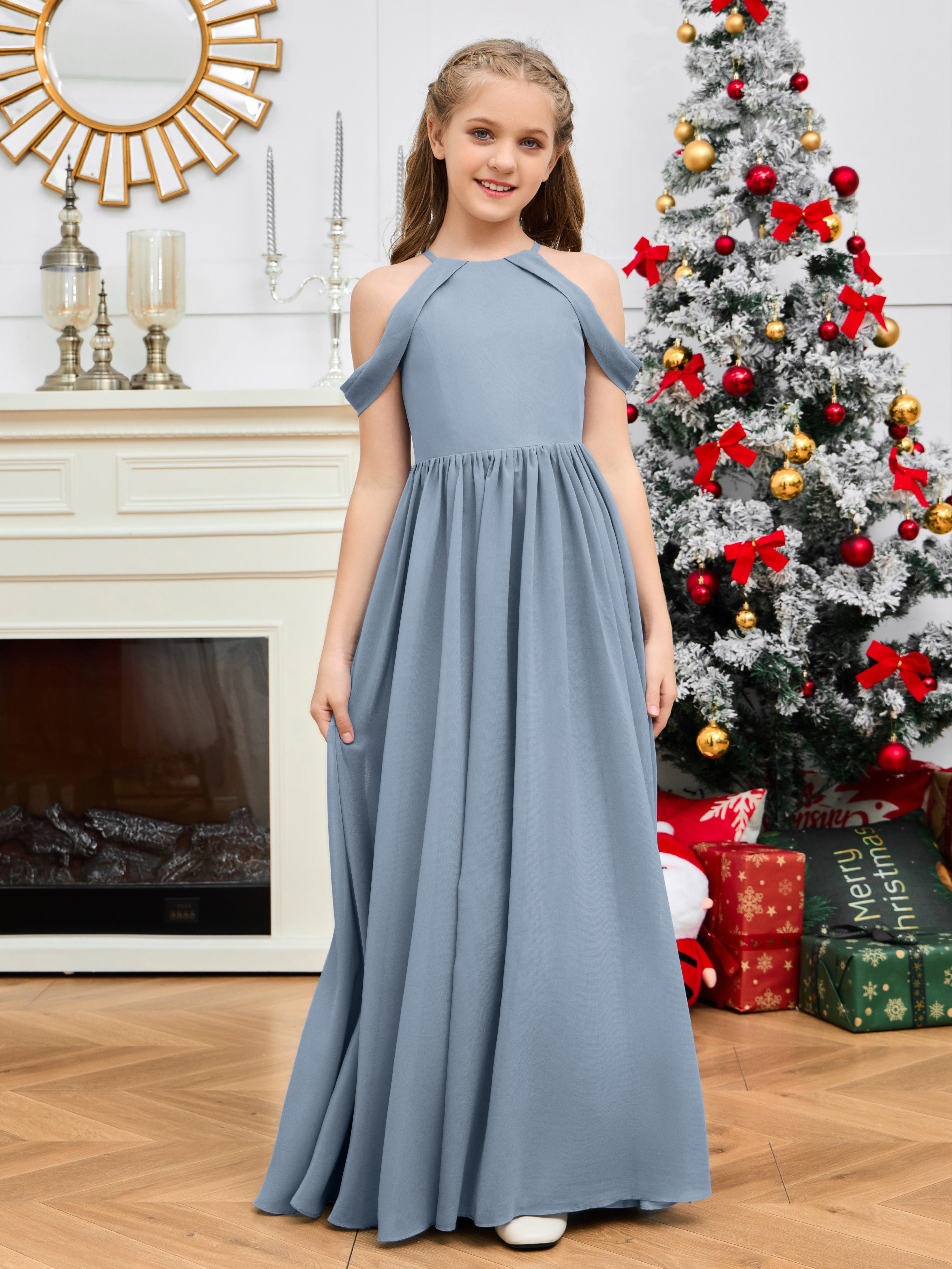 Elegant Off the shoulder Long Chiffon Junior Bridesmaid Dress