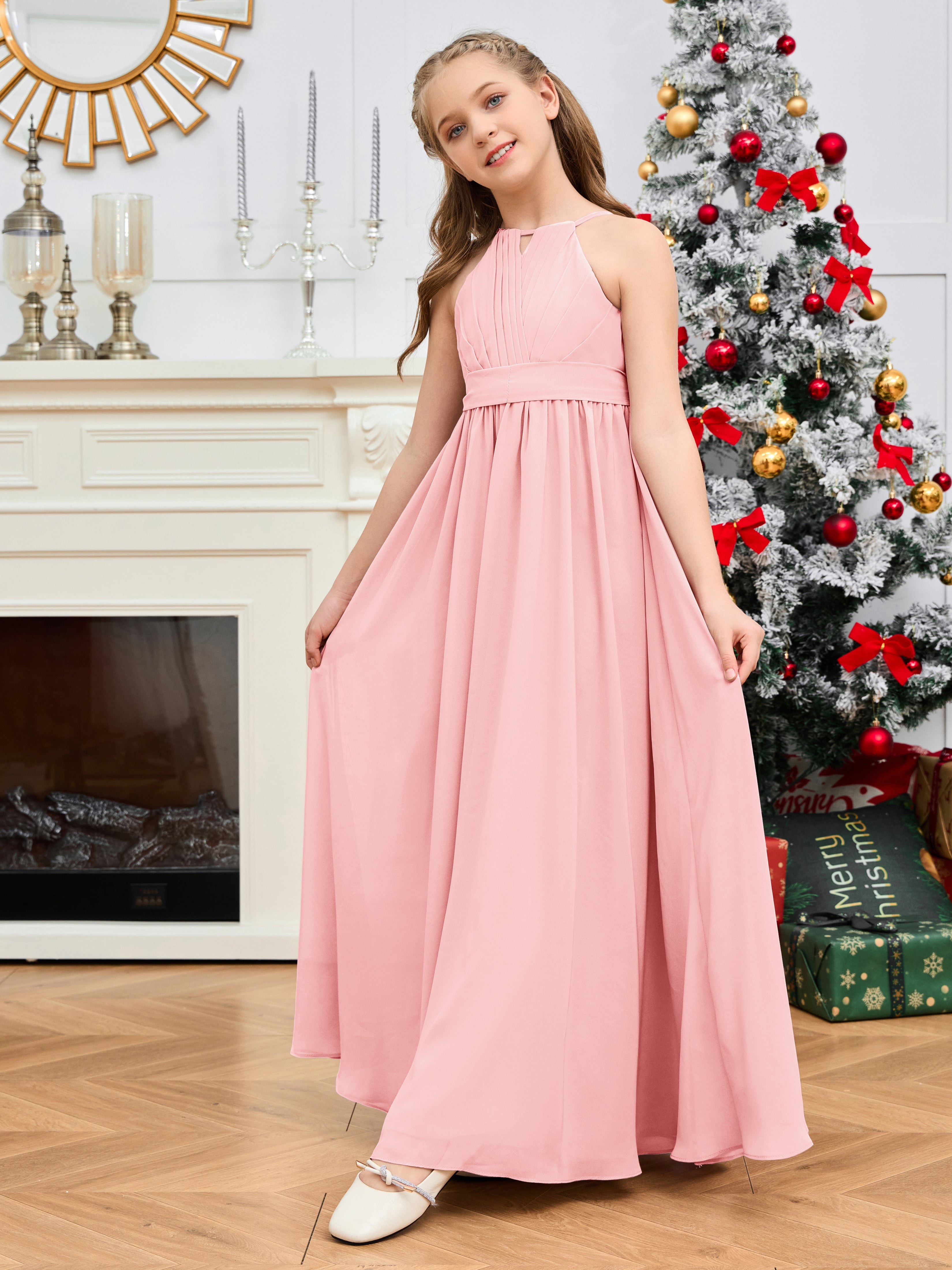 Halter Floor Length Chiffon Junior Bridesmaid Dress Wisteria