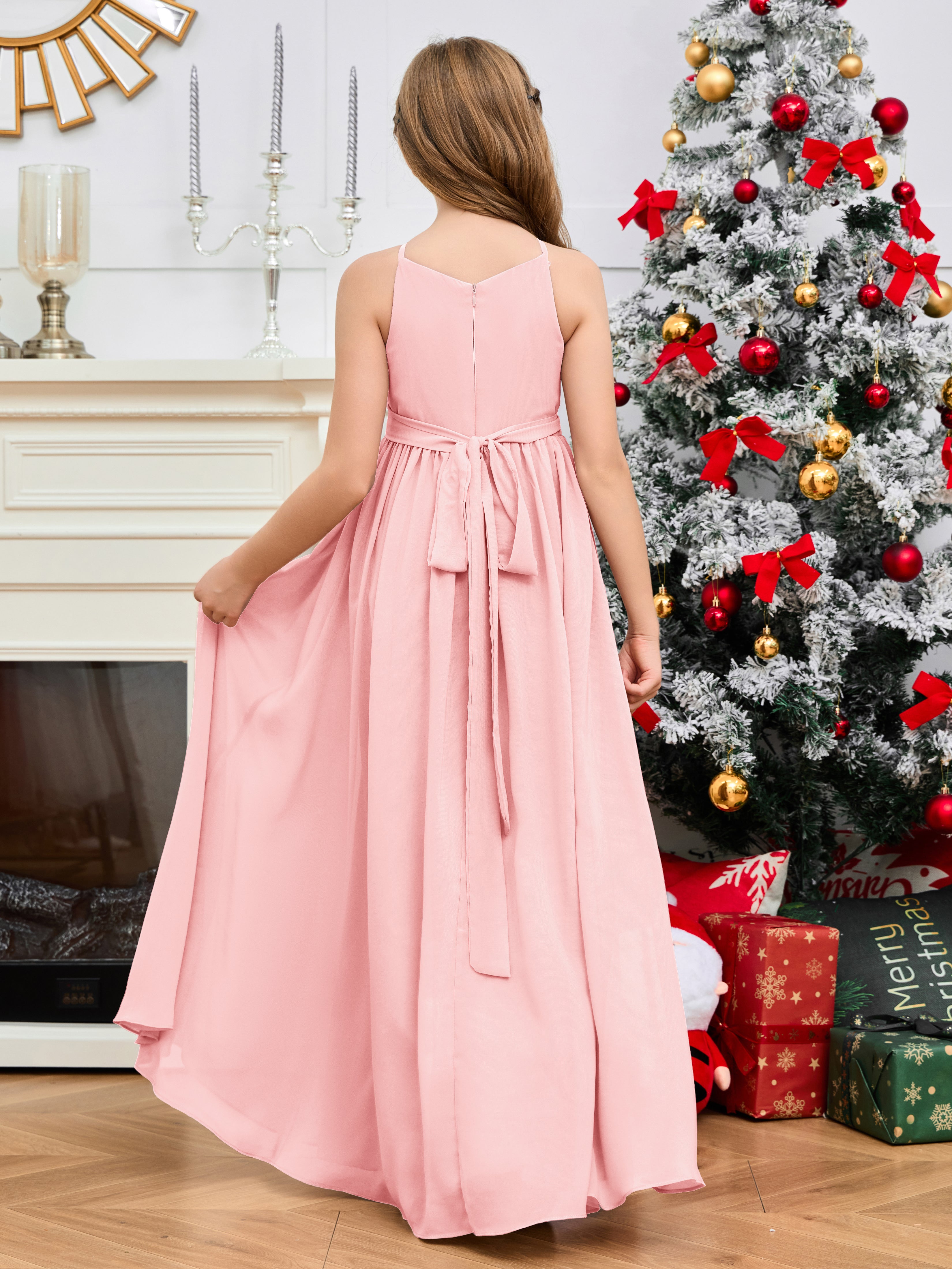 Halter Floor-Length Chiffon Junior Bridesmaid Dress