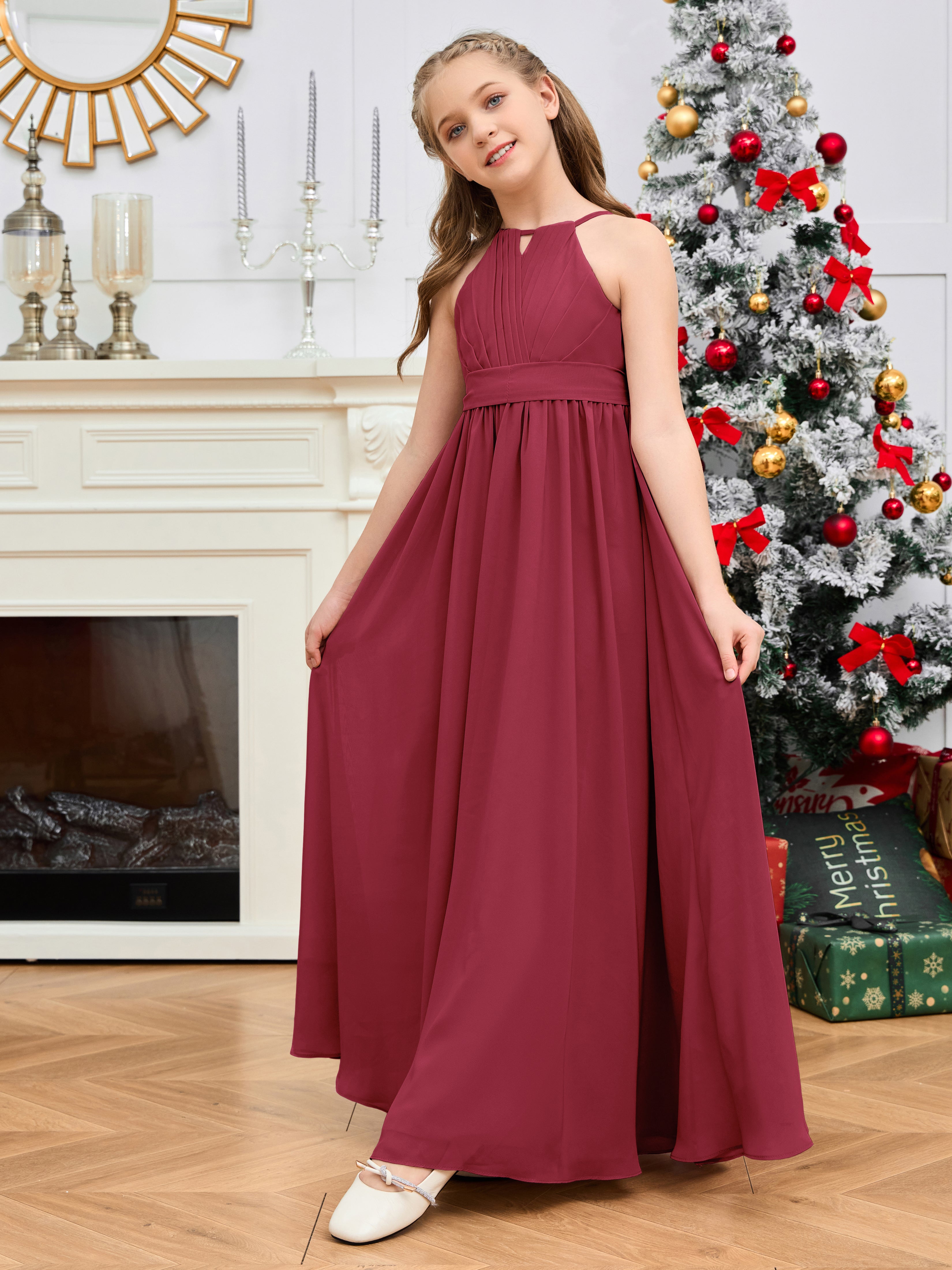 Halter Floor-Length Chiffon Junior Bridesmaid Dress