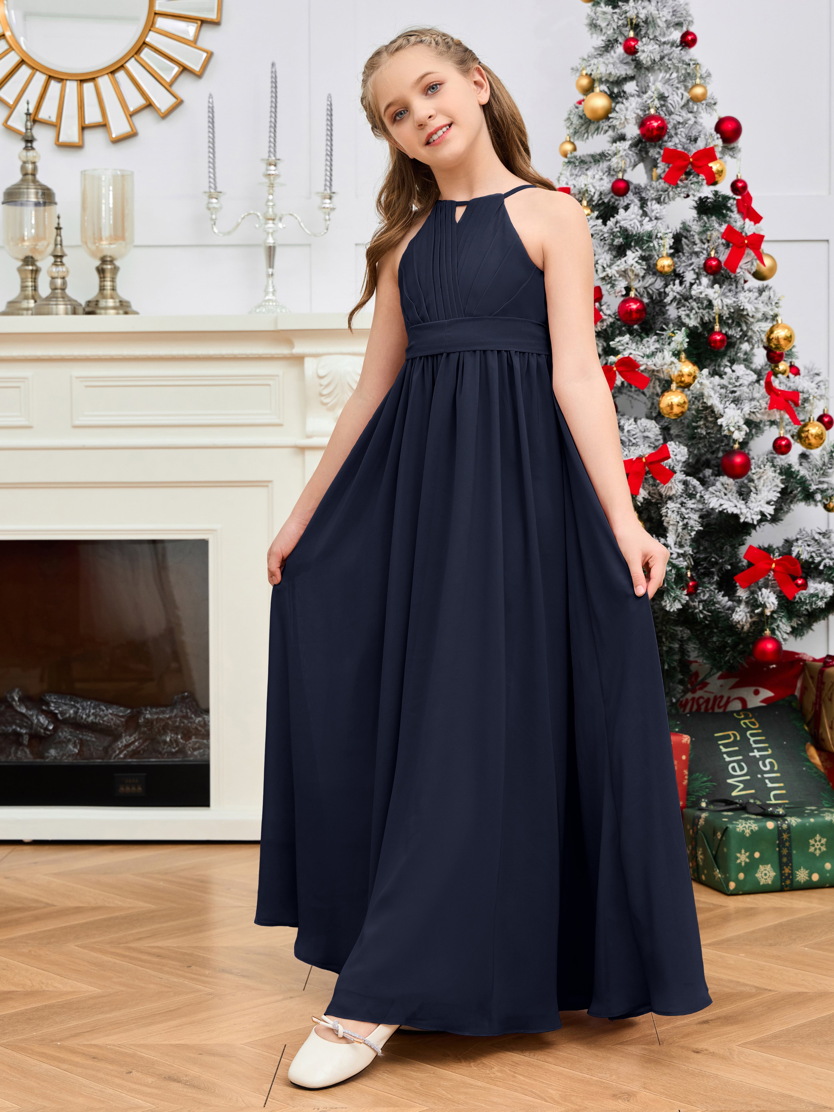 Halter Floor Length Chiffon Junior Bridesmaid Dress Dark Navy