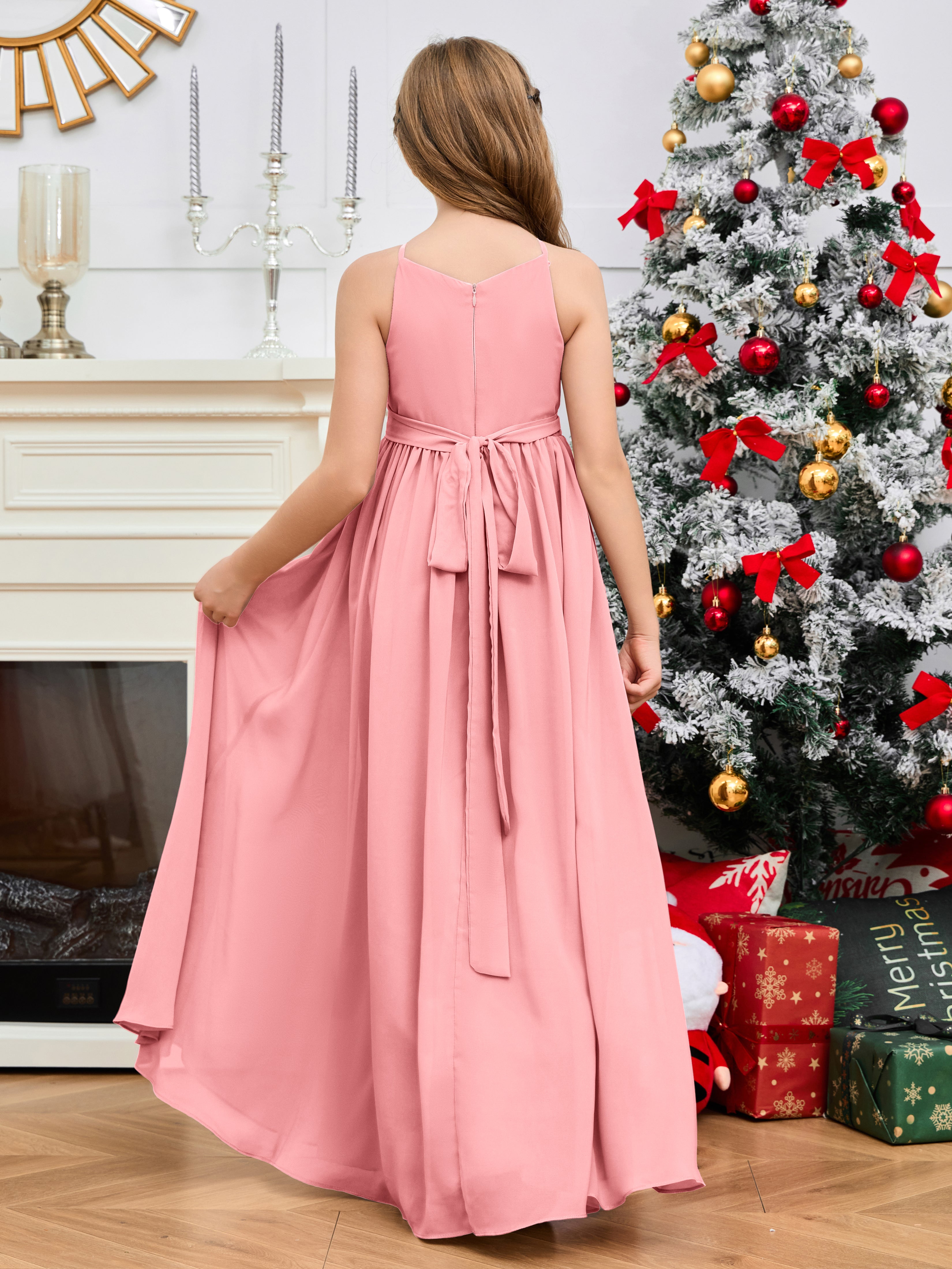 Halter Floor-Length Chiffon Junior Bridesmaid Dress