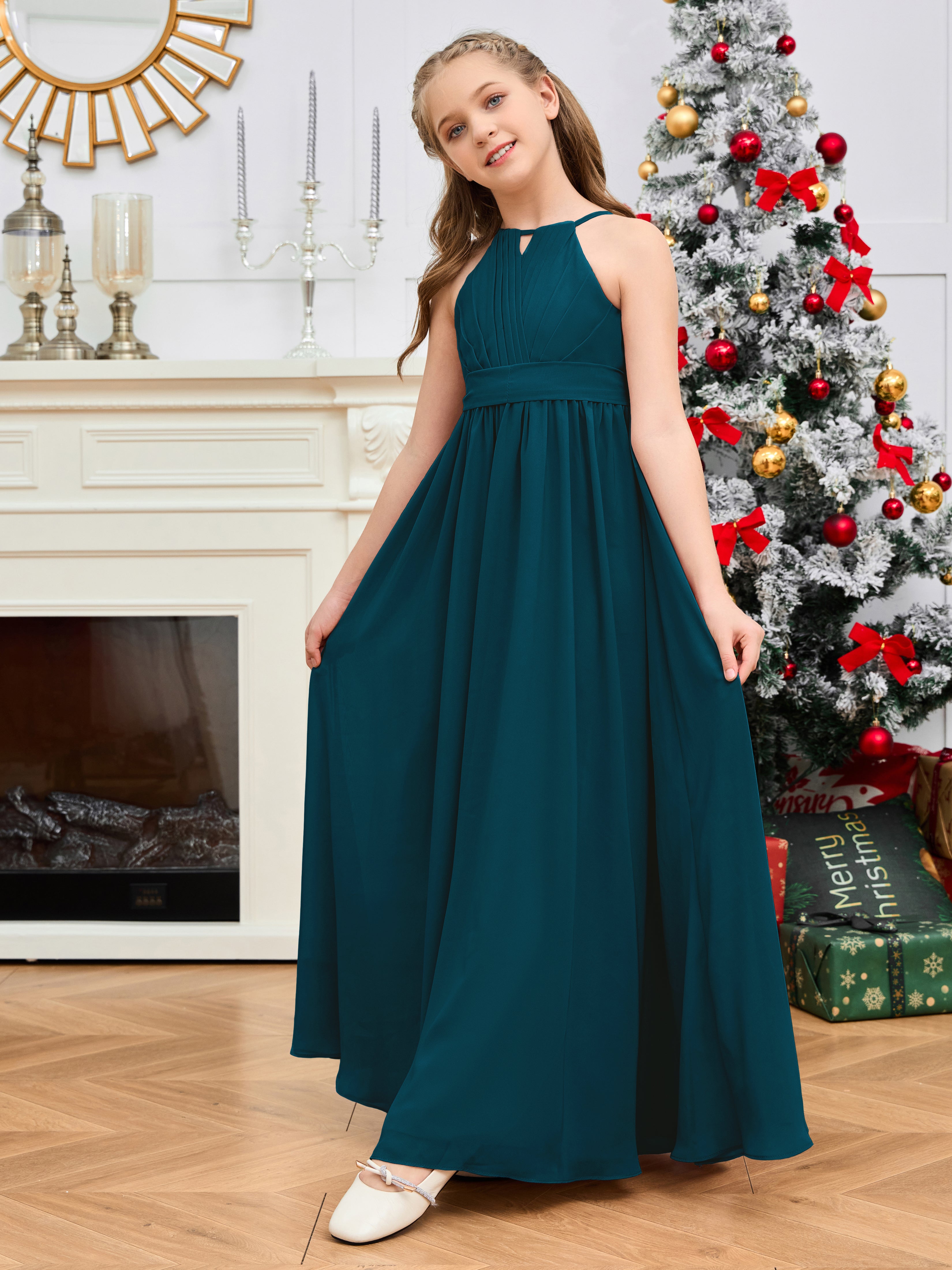 Halter Floor-Length Chiffon Junior Bridesmaid Dress