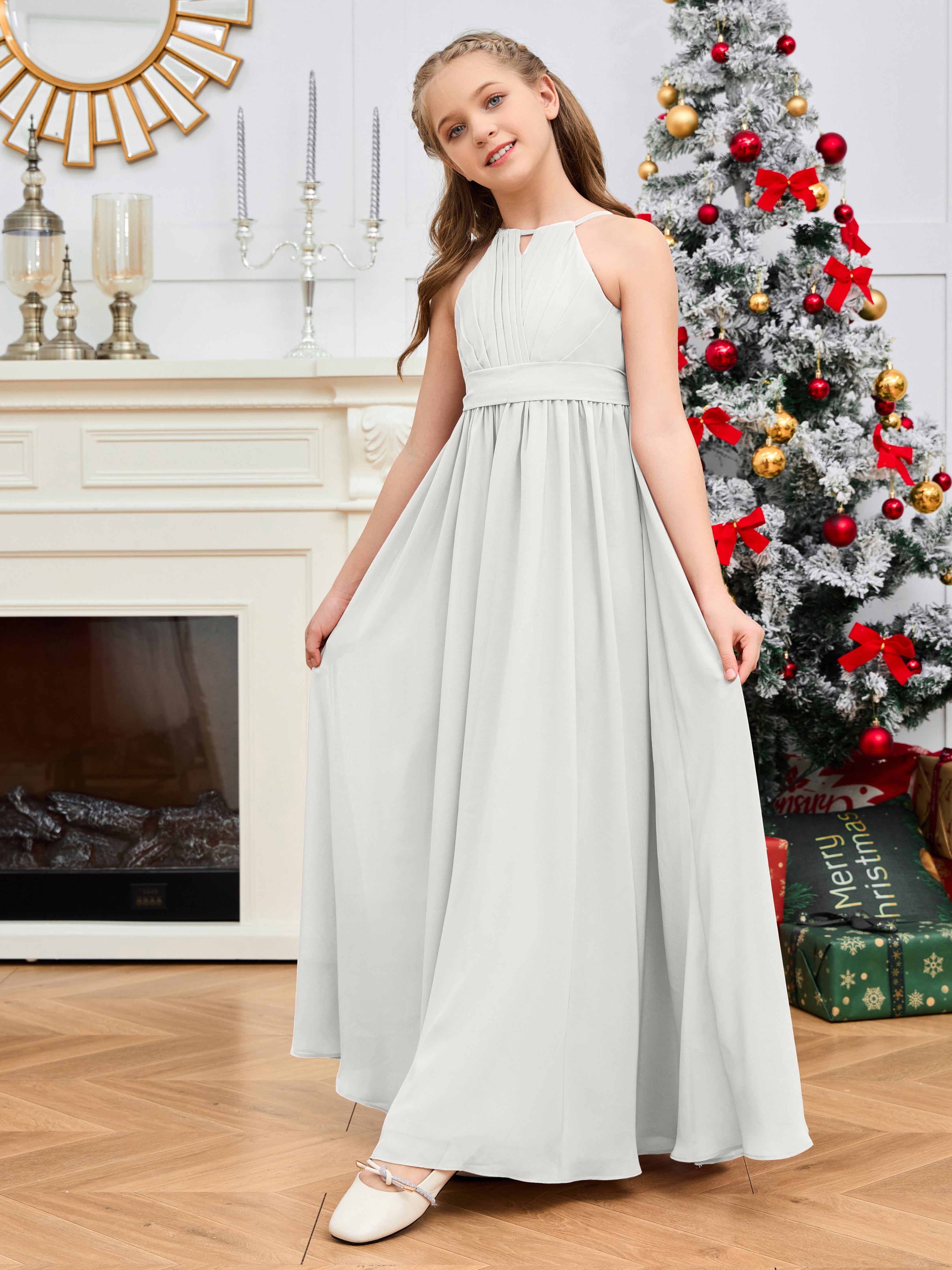 Halter Floor-Length Chiffon Junior Bridesmaid Dress