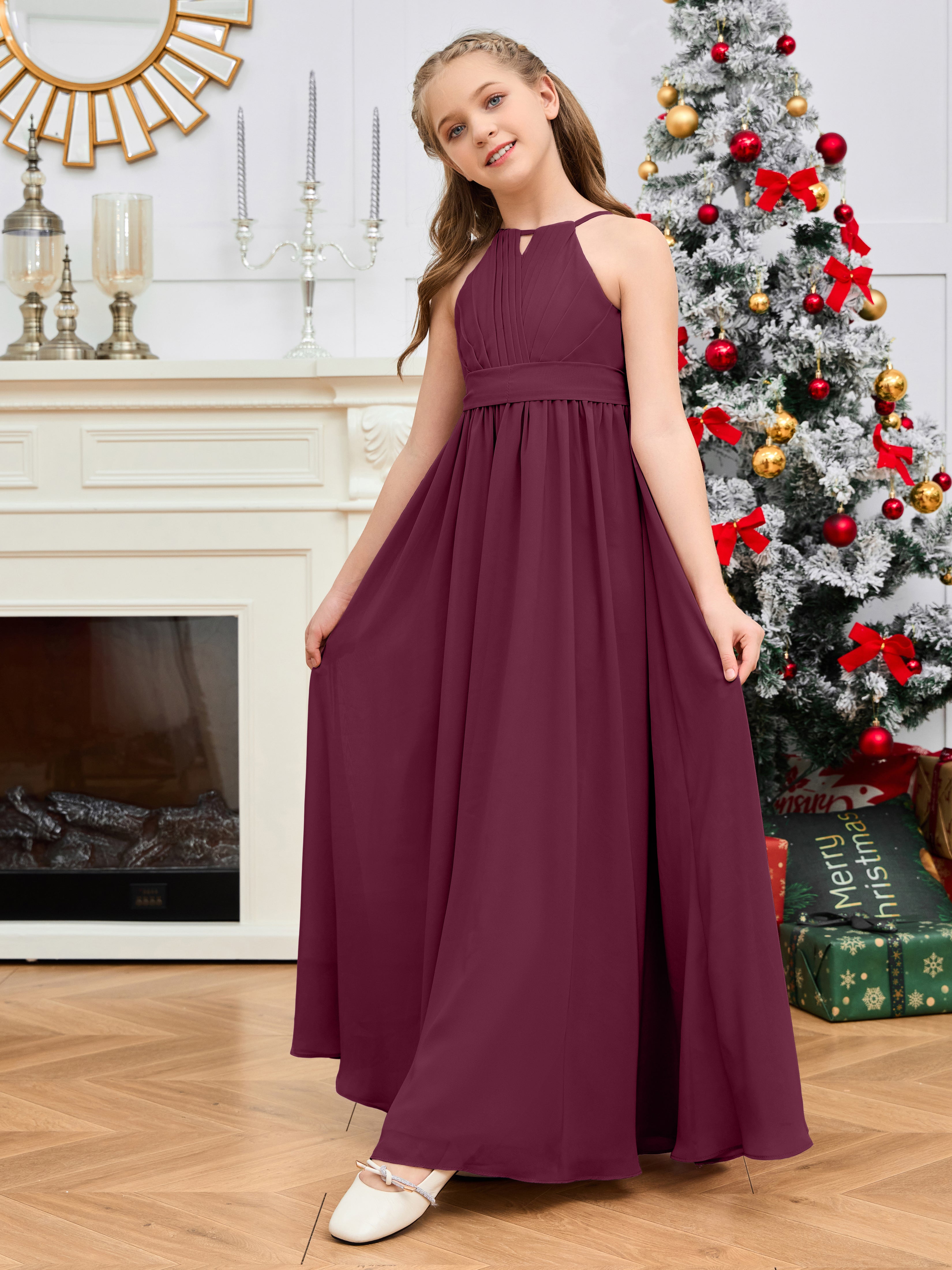 Halter Floor-Length Chiffon Junior Bridesmaid Dress