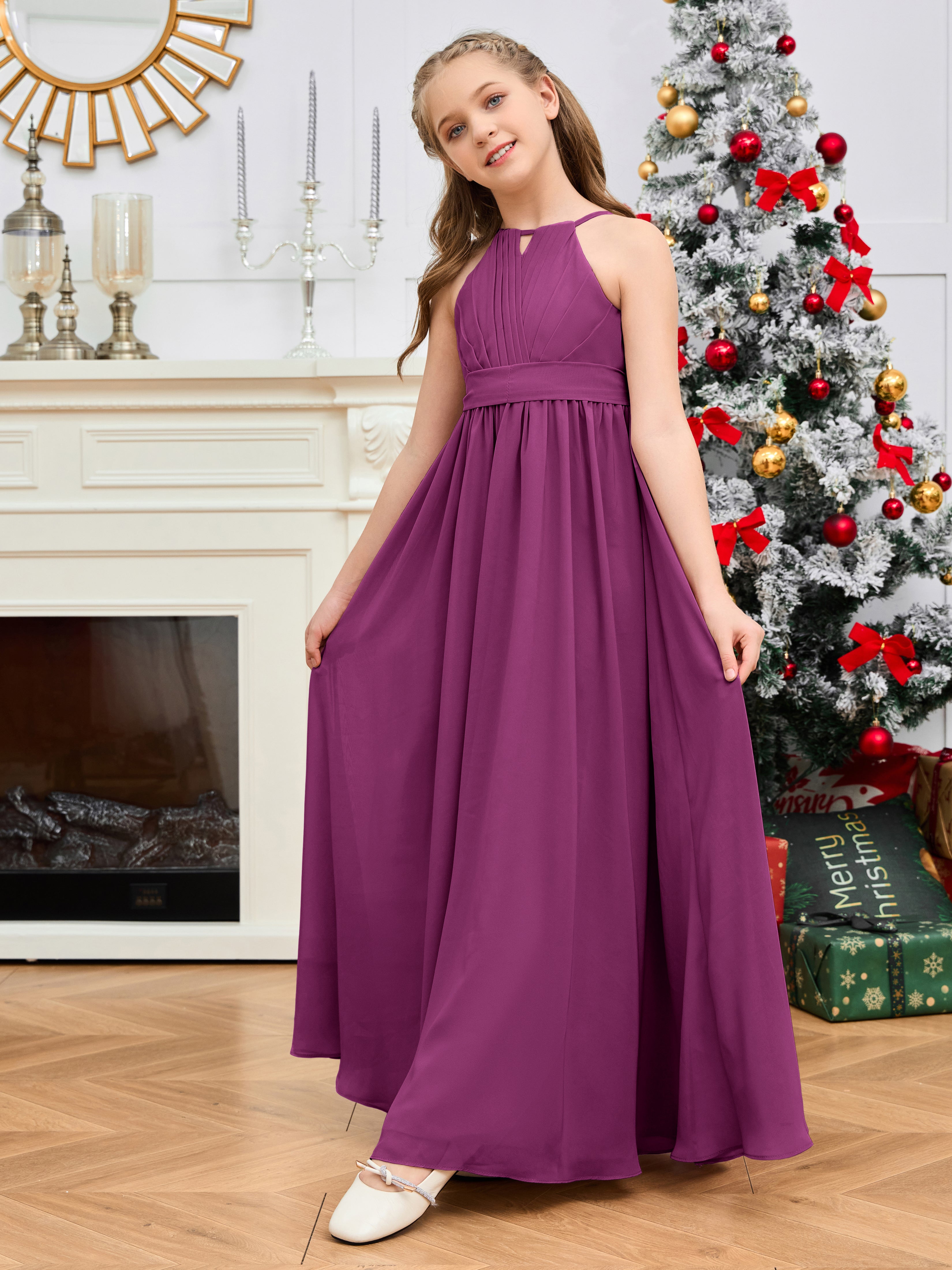 Halter Floor-Length Chiffon Junior Bridesmaid Dress