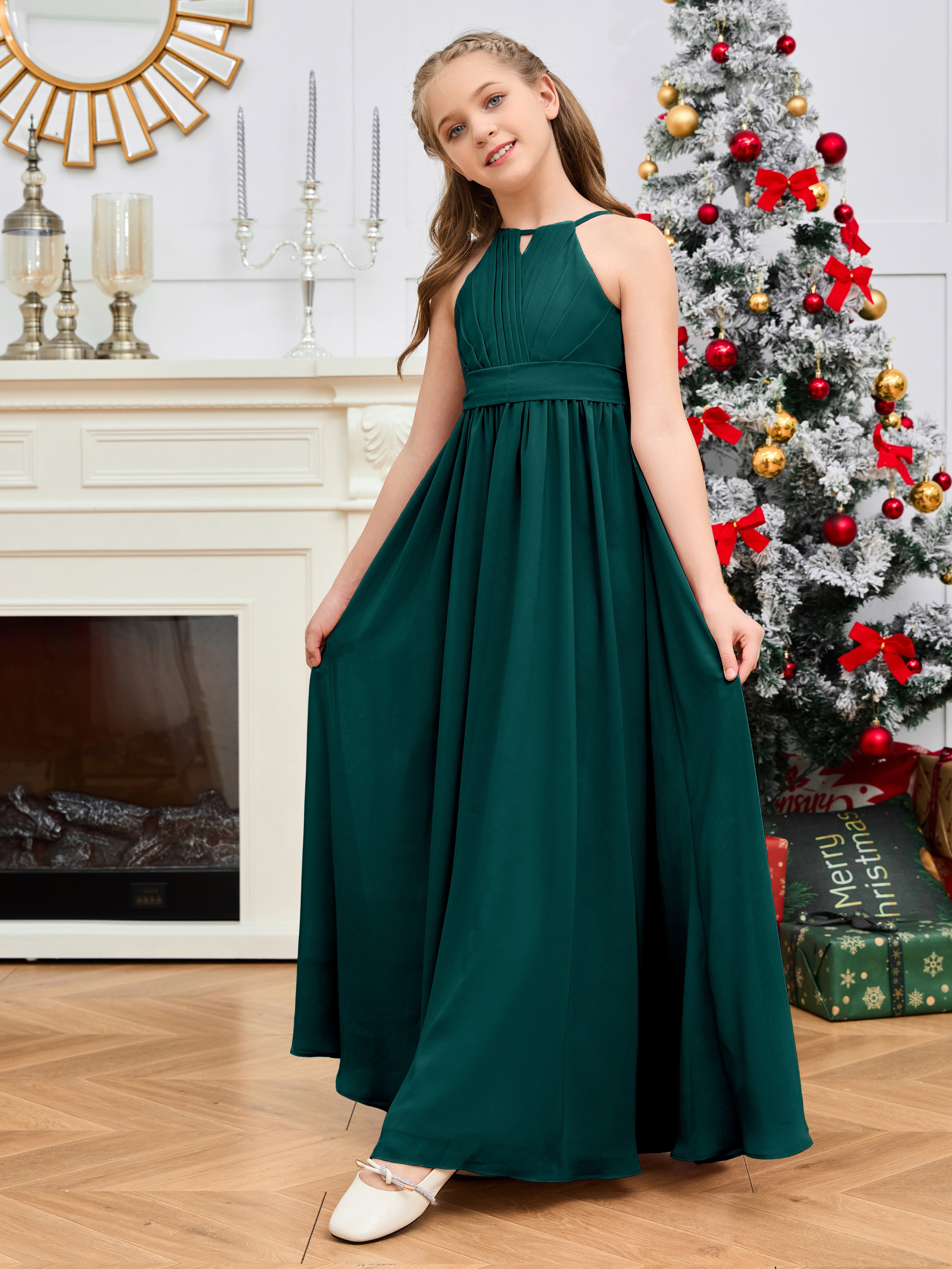 Halter Floor-Length Chiffon Junior Bridesmaid Dress