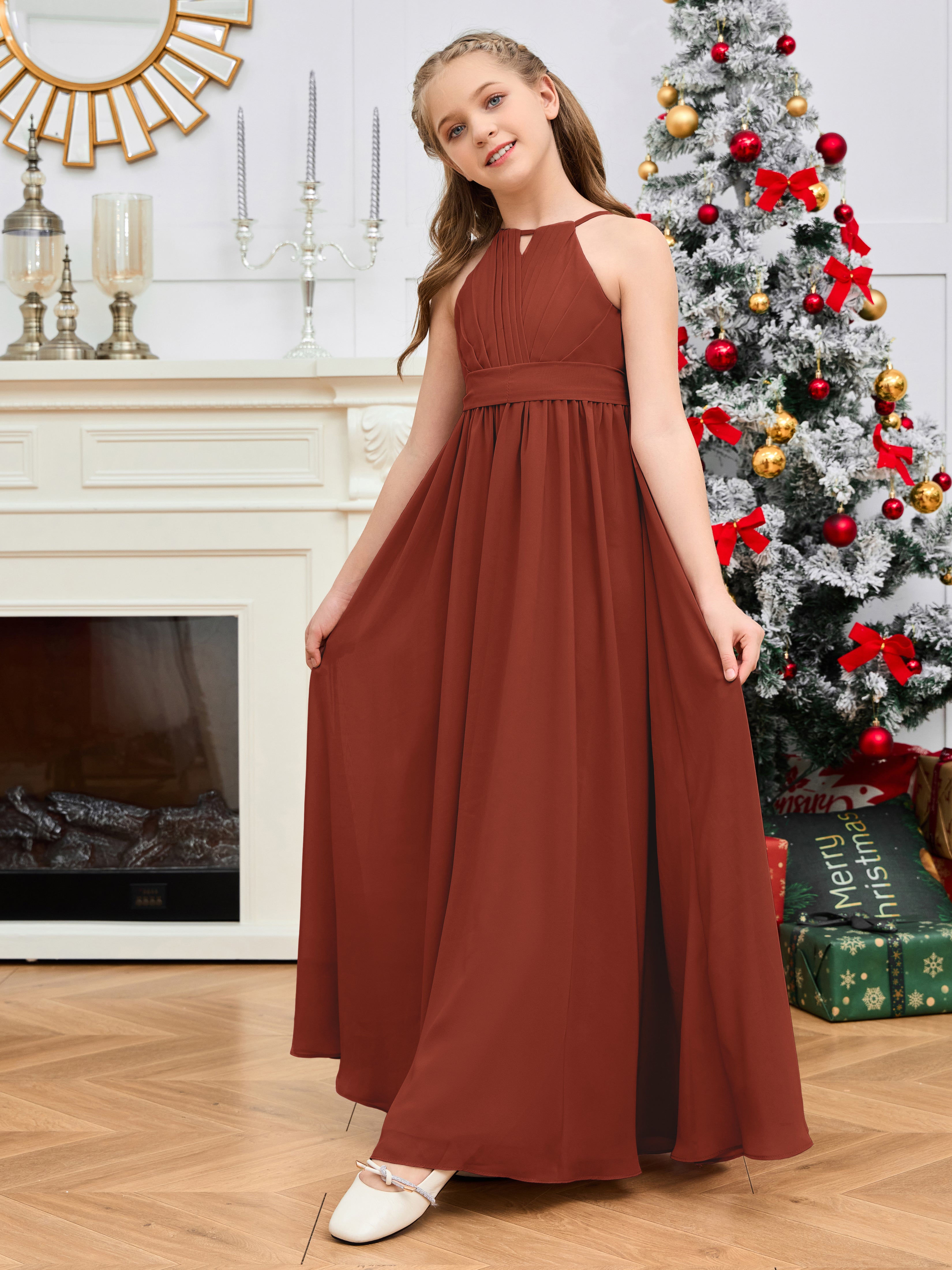 Halter Floor-Length Chiffon Junior Bridesmaid Dress