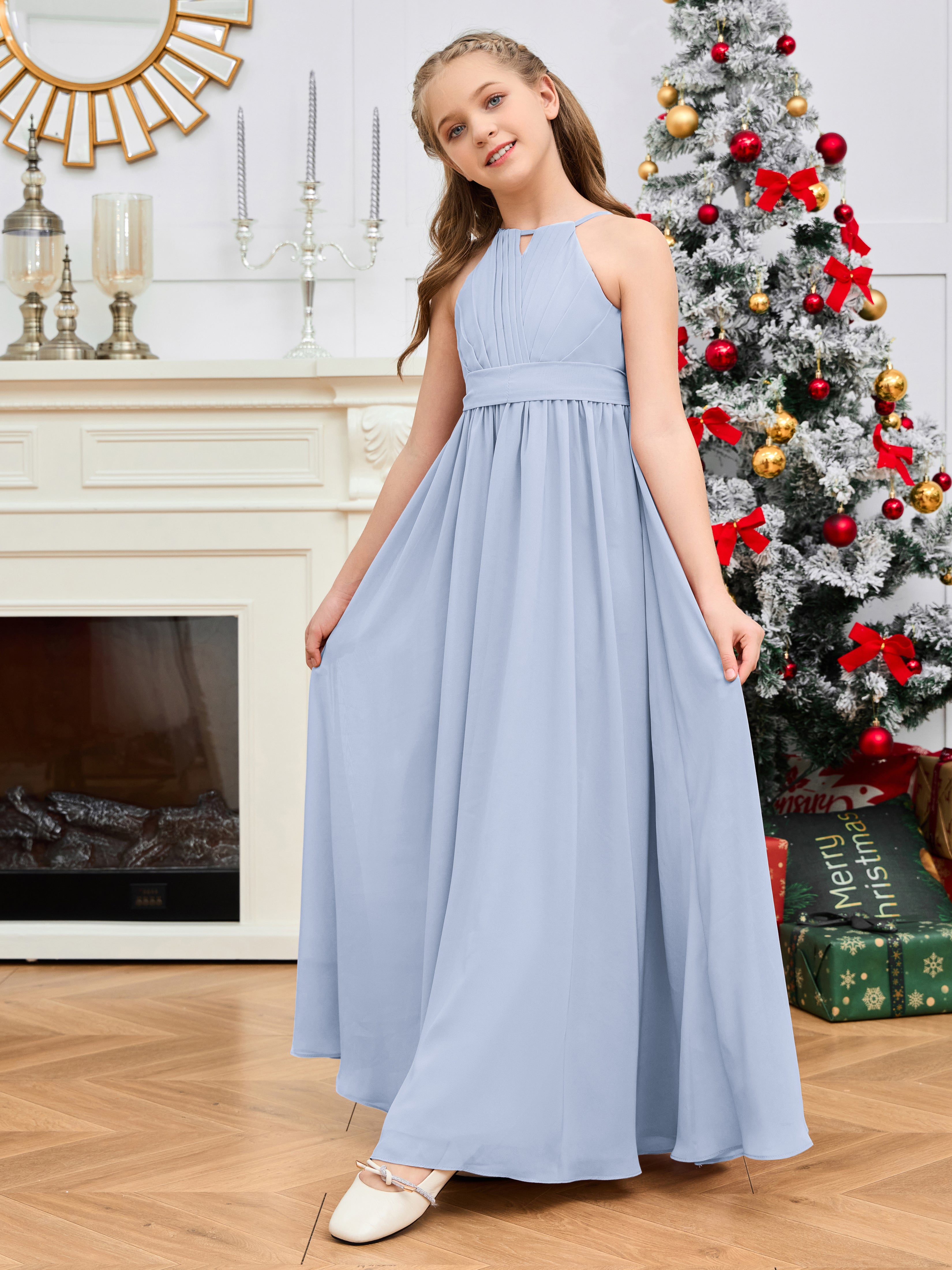 Halter Floor-Length Chiffon Junior Bridesmaid Dress