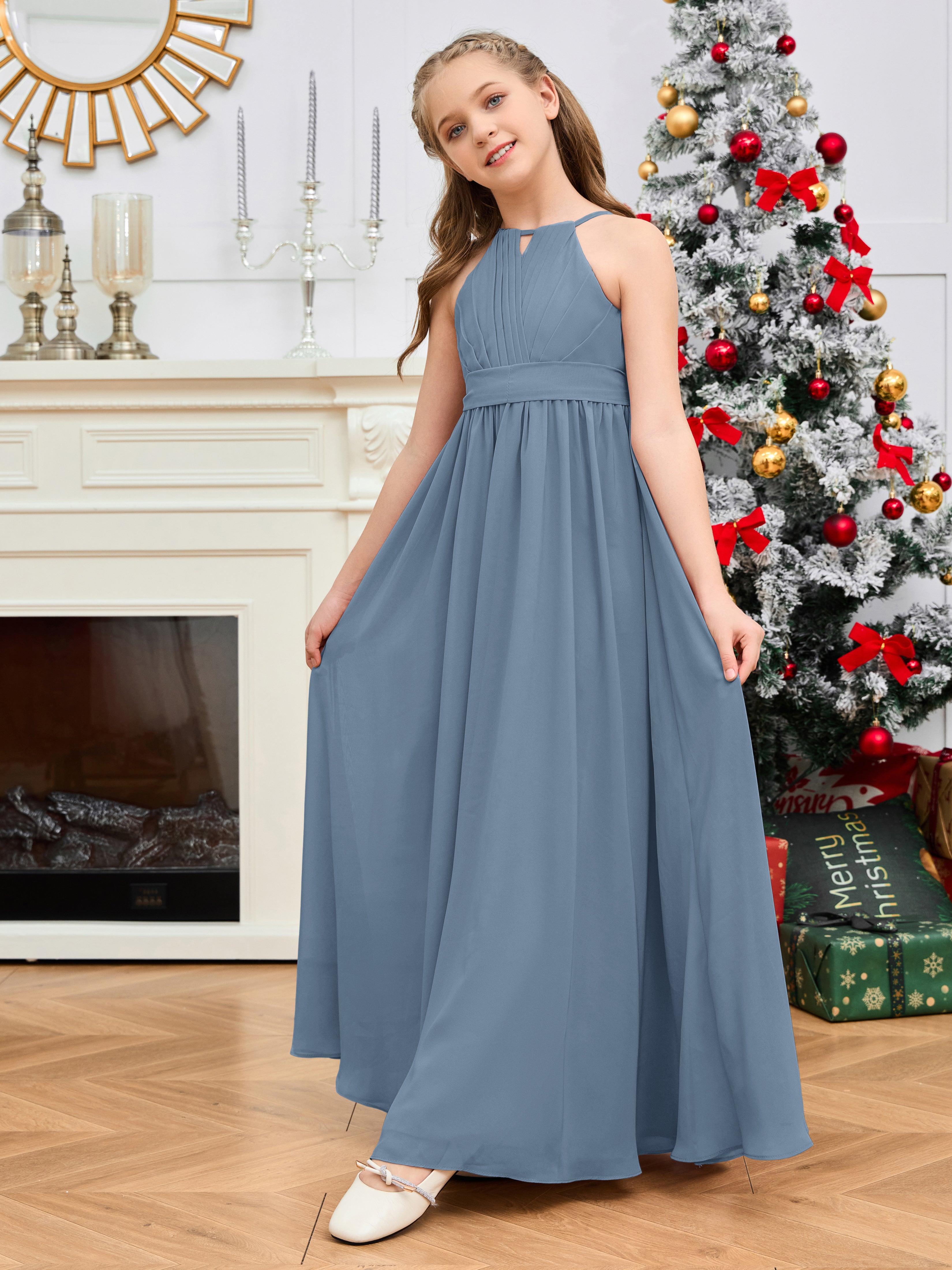 Halter Floor-Length Chiffon Junior Bridesmaid Dress