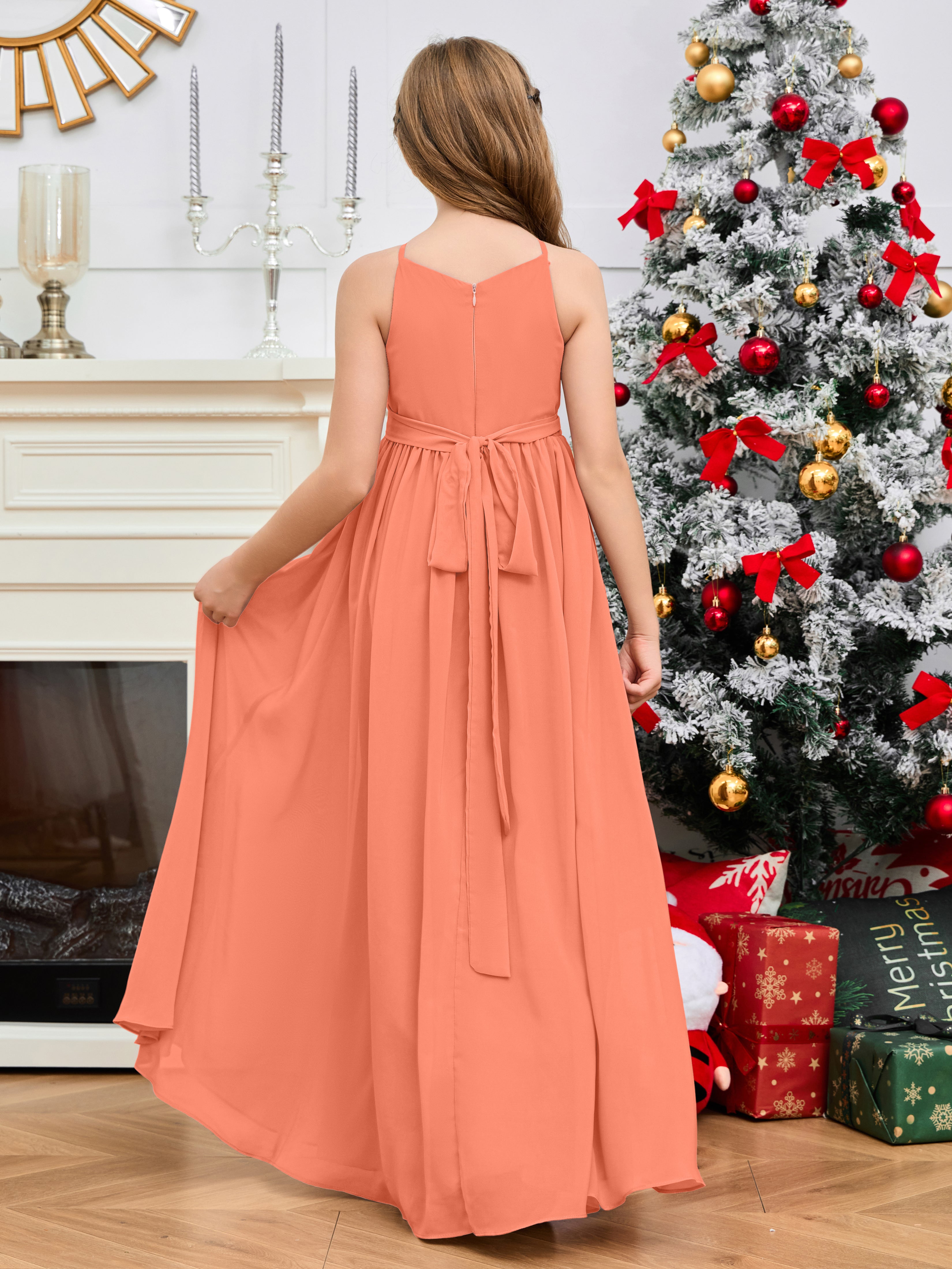 Halter Floor-Length Chiffon Junior Bridesmaid Dress