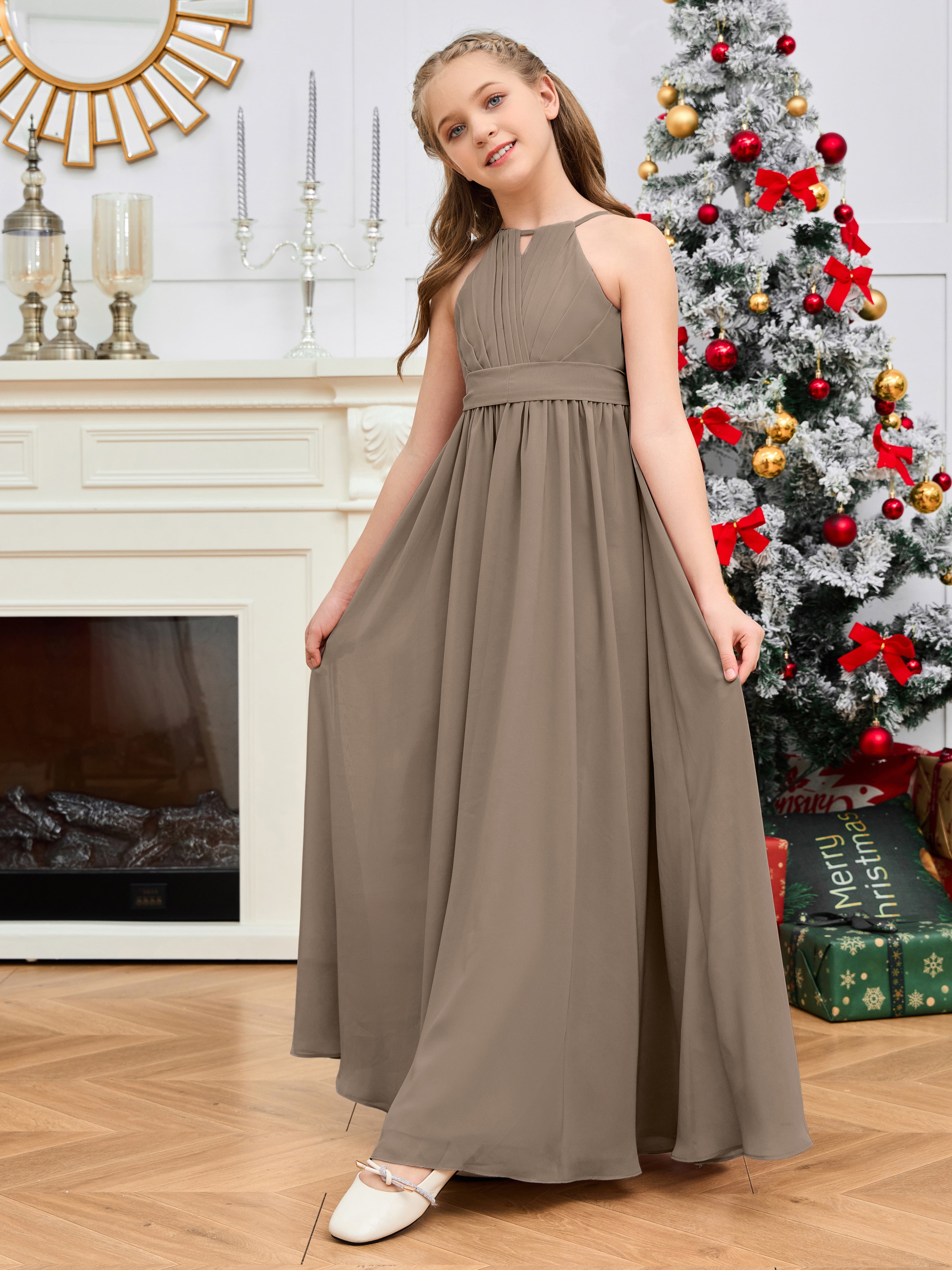 Halter Floor-Length Chiffon Junior Bridesmaid Dress