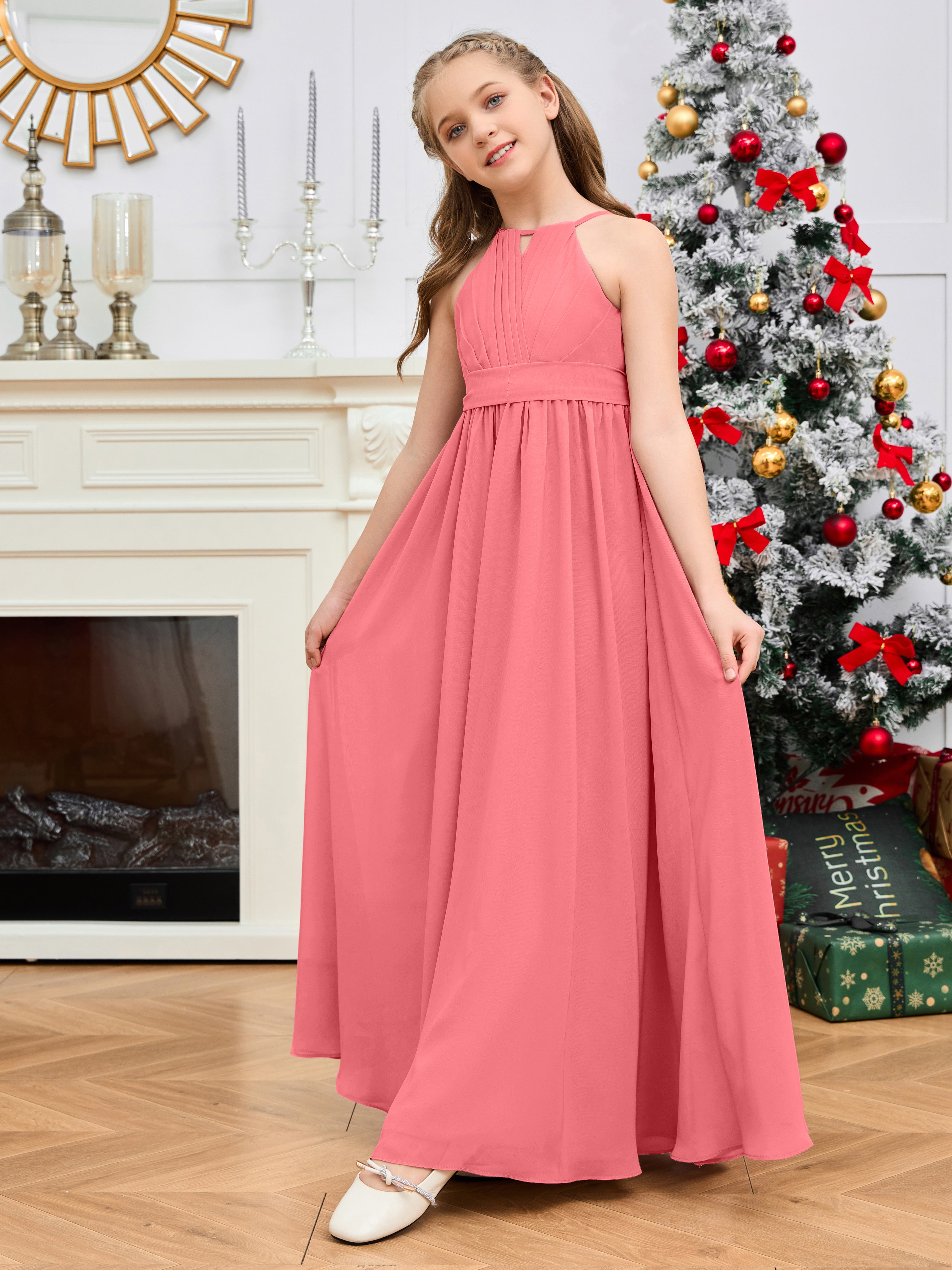 Halter Floor-Length Chiffon Junior Bridesmaid Dress