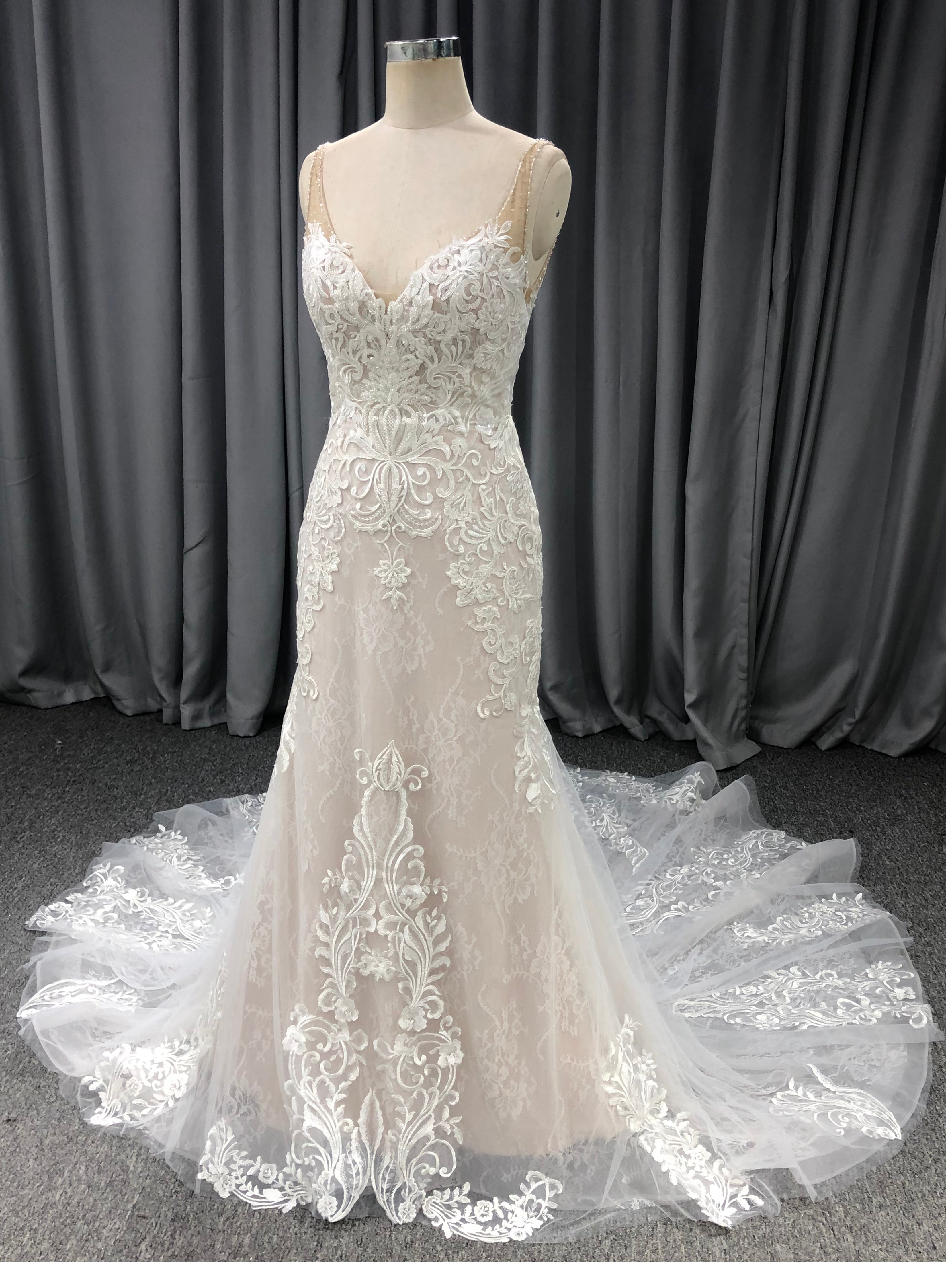 Lace Straps V Neck  Mermaid Wedding Dress With Train C0005